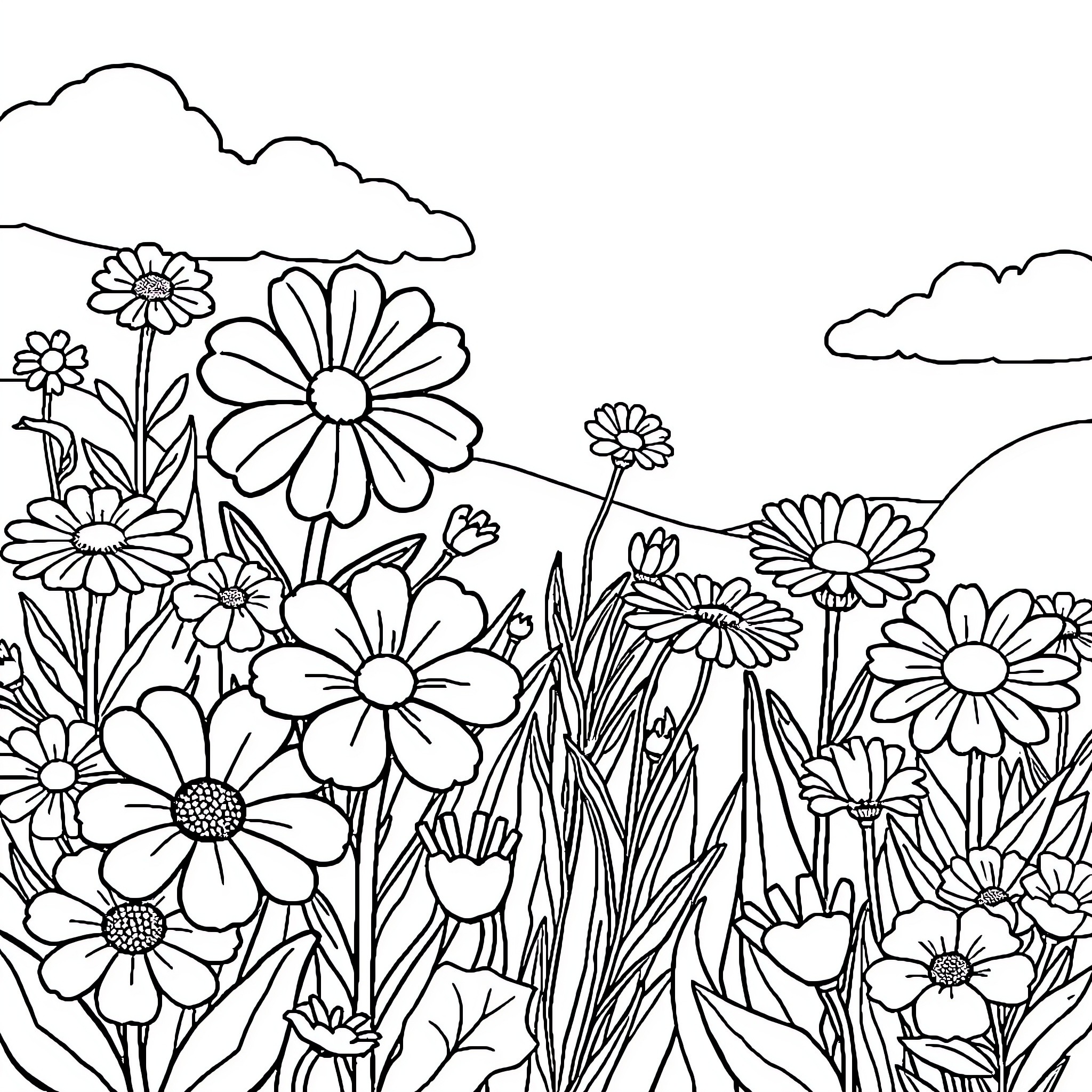 Flower Garden with Blooming Daisies Coloring Page (free black-and-white line drawing printable PDF for all, from beginners to advanced learners, including children, teens, adults, and seniors)