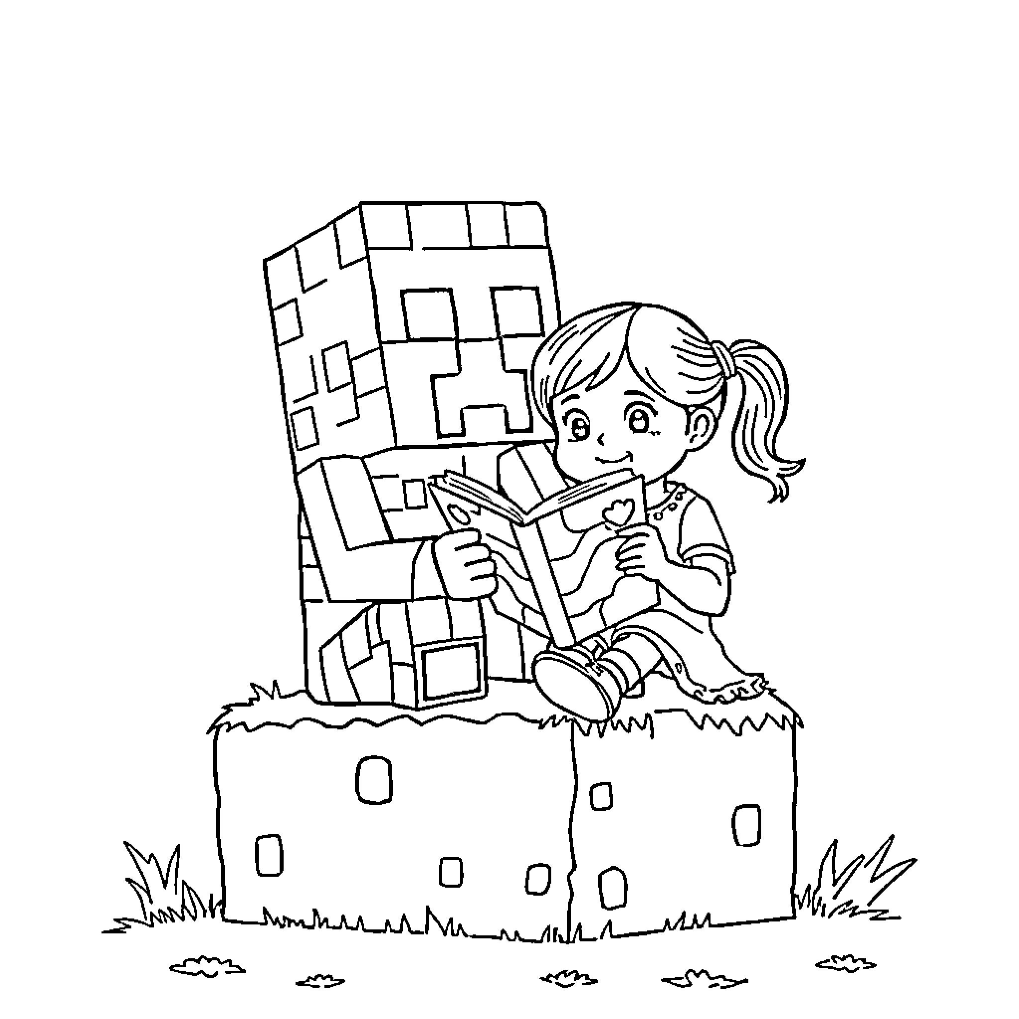 Creeper girl exploring Minecraft landscape Coloring Page (free black-and-white line drawing printable PDF for all, from beginners to advanced learners, including children, teens, adults, and seniors)