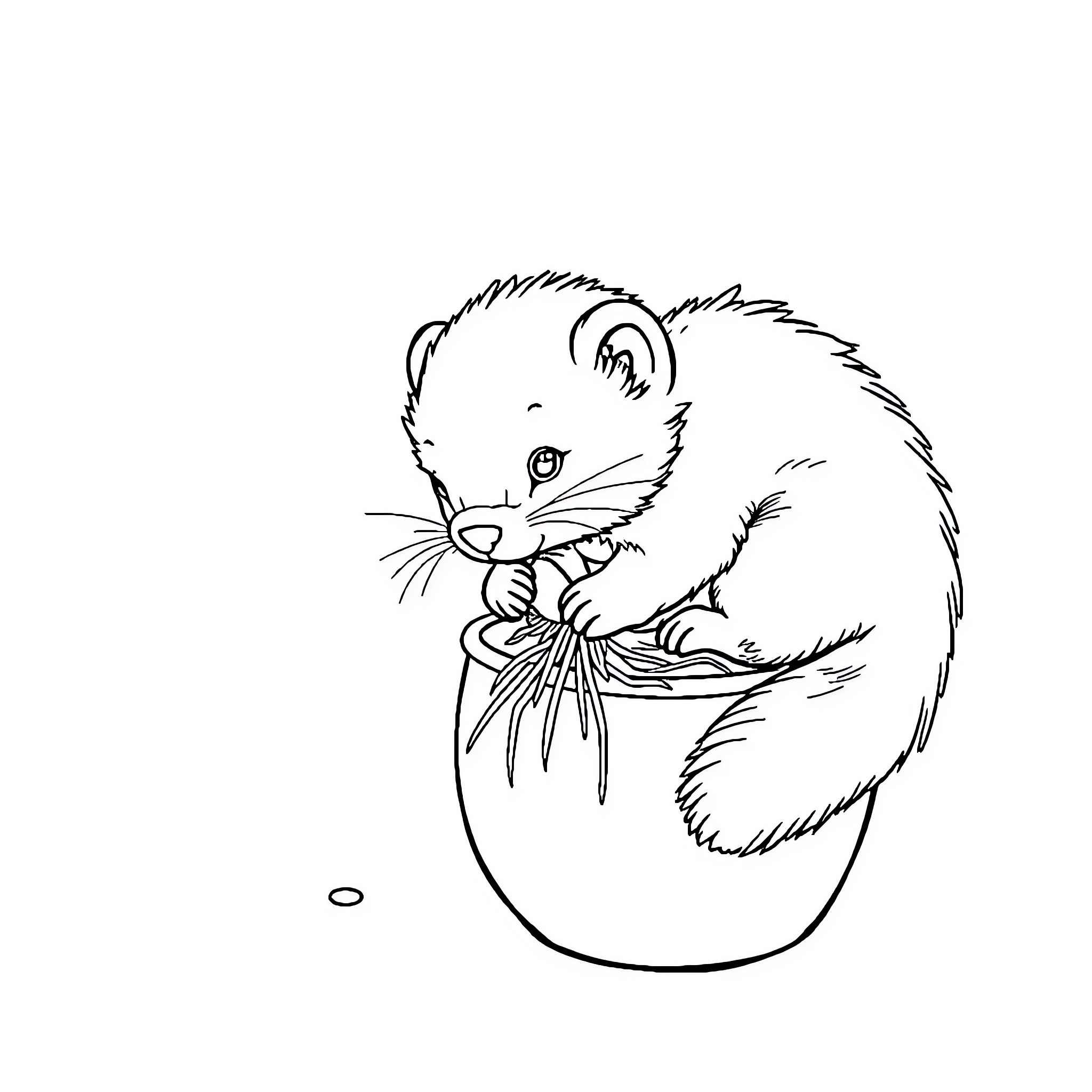 Furet exploring and playing with a ribbon Coloring Page (free black-and-white line drawing printable PDF for all, from beginners to advanced learners, including children, teens, adults, and seniors)