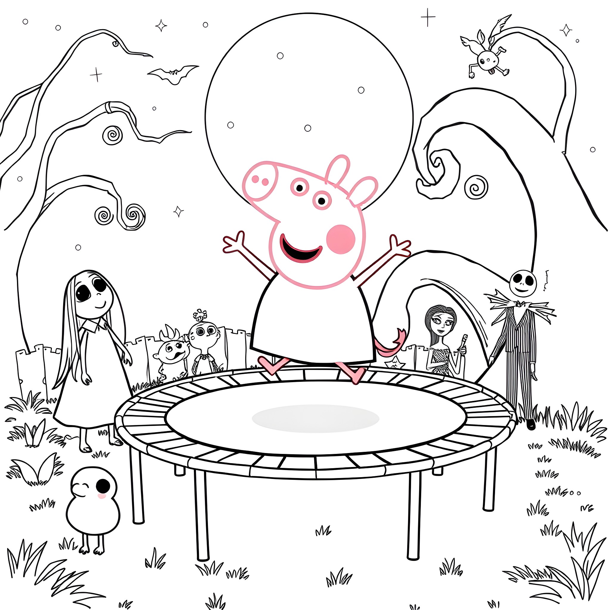 Peppa Pig enjoying a trampoline party with friends Coloring Page (free black-and-white line drawing printable PDF for all, from beginners to advanced learners, including children, teens, adults, and seniors)