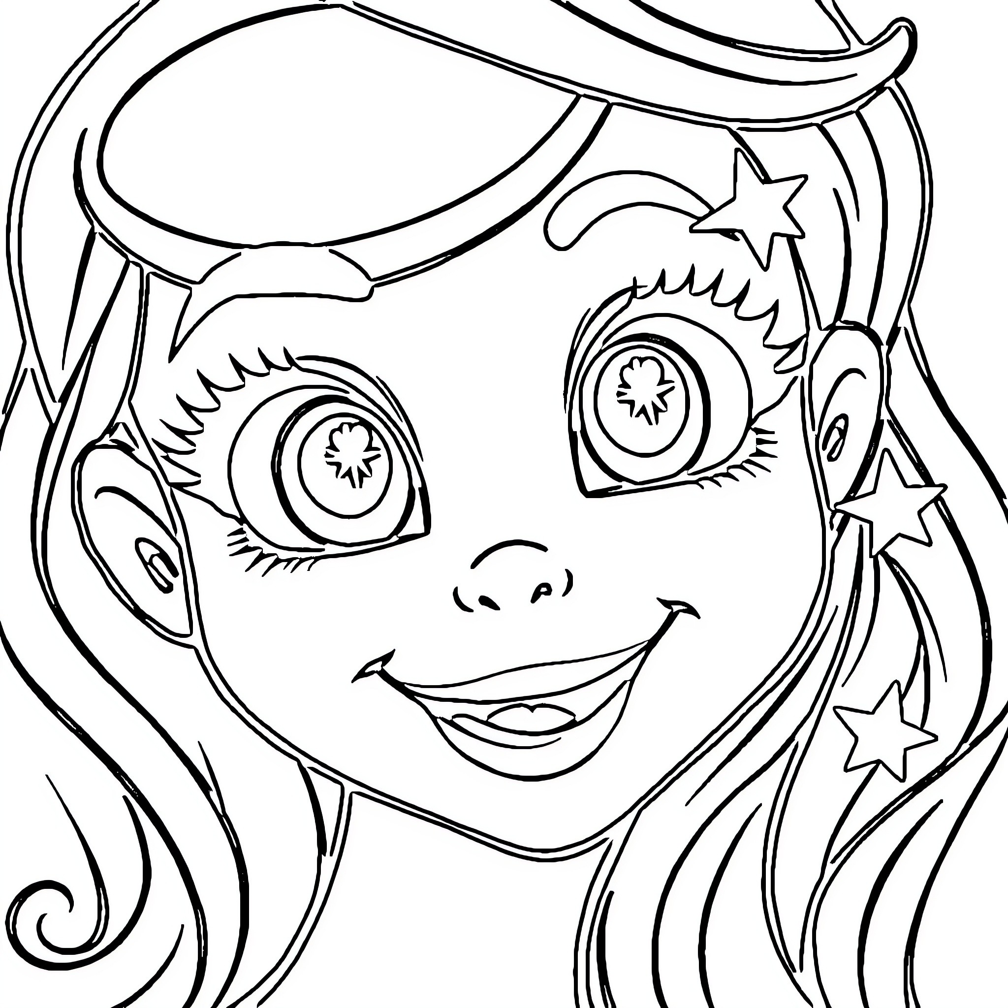 Face of a smiling girl wearing a hat Coloring Page (free black-and-white line drawing printable PDF for all, from beginners to advanced learners, including children, teens, adults, and seniors)