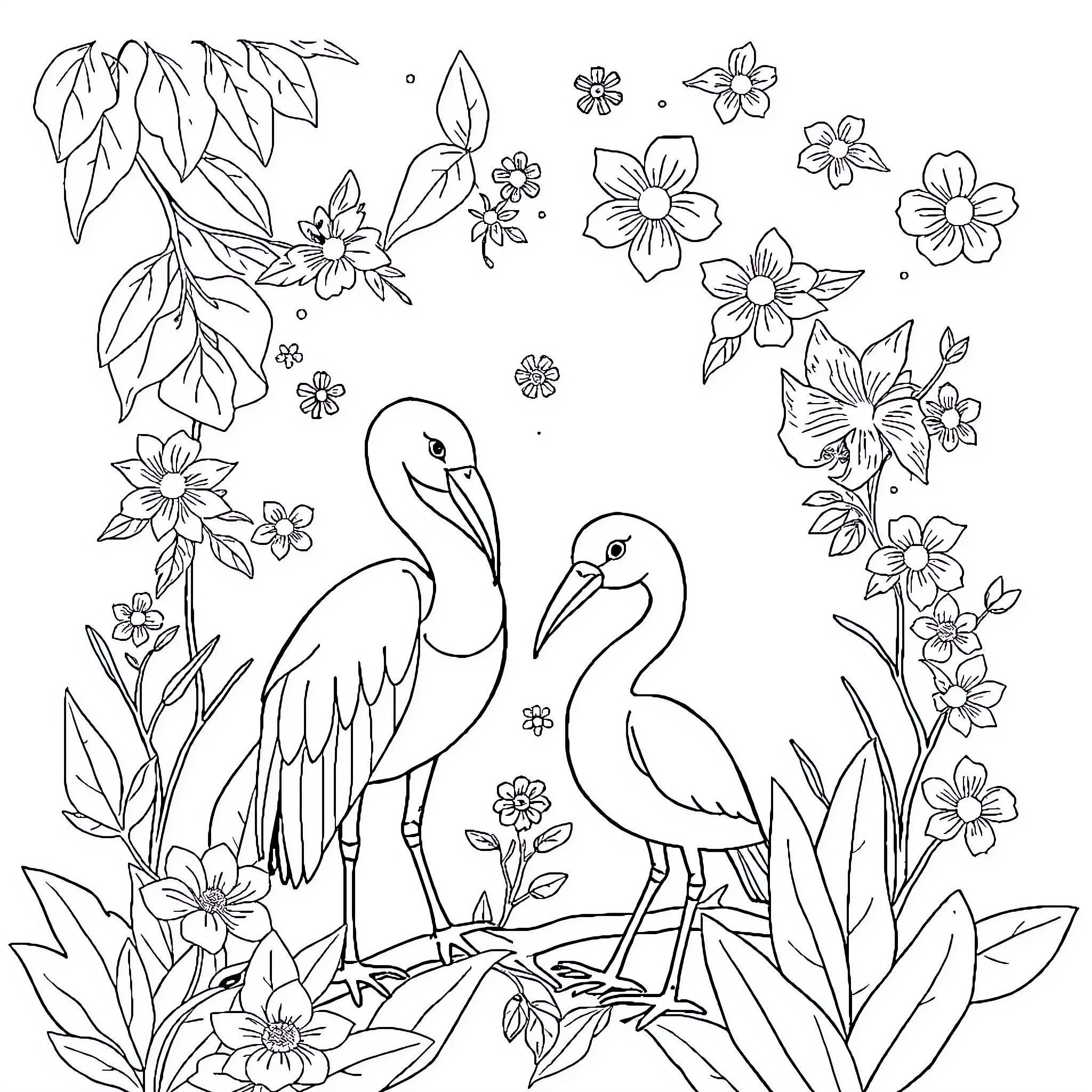 Child's Garden with Elegant Wading Birds Coloring Page (free black-and-white line drawing printable PDF for all, from beginners to advanced learners, including children, teens, adults, and seniors)