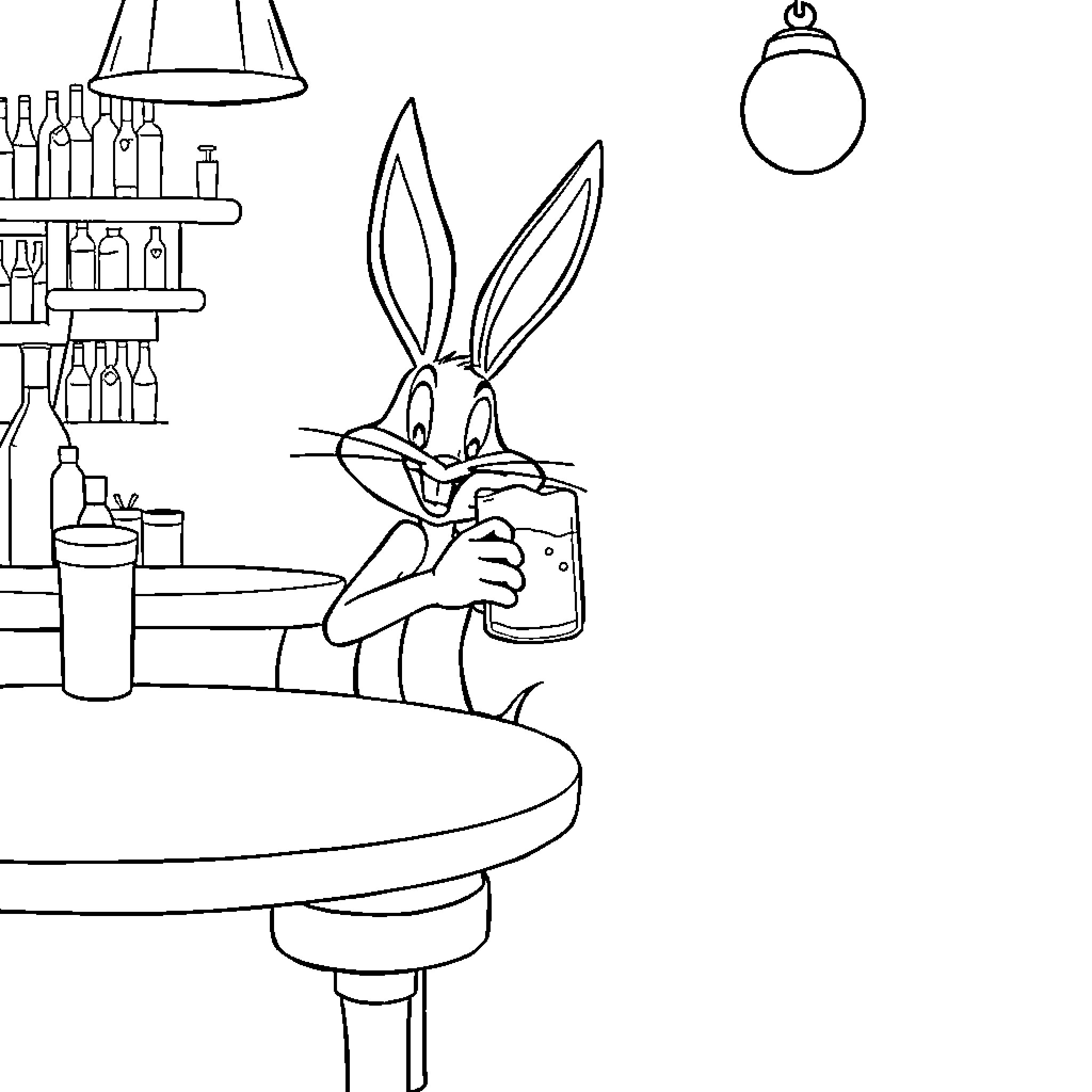 Bugs Bunny enjoying a drink in a bar scene Coloring Page (free black-and-white line drawing printable PDF for all, from beginners to advanced learners, including children, teens, adults, and seniors)
