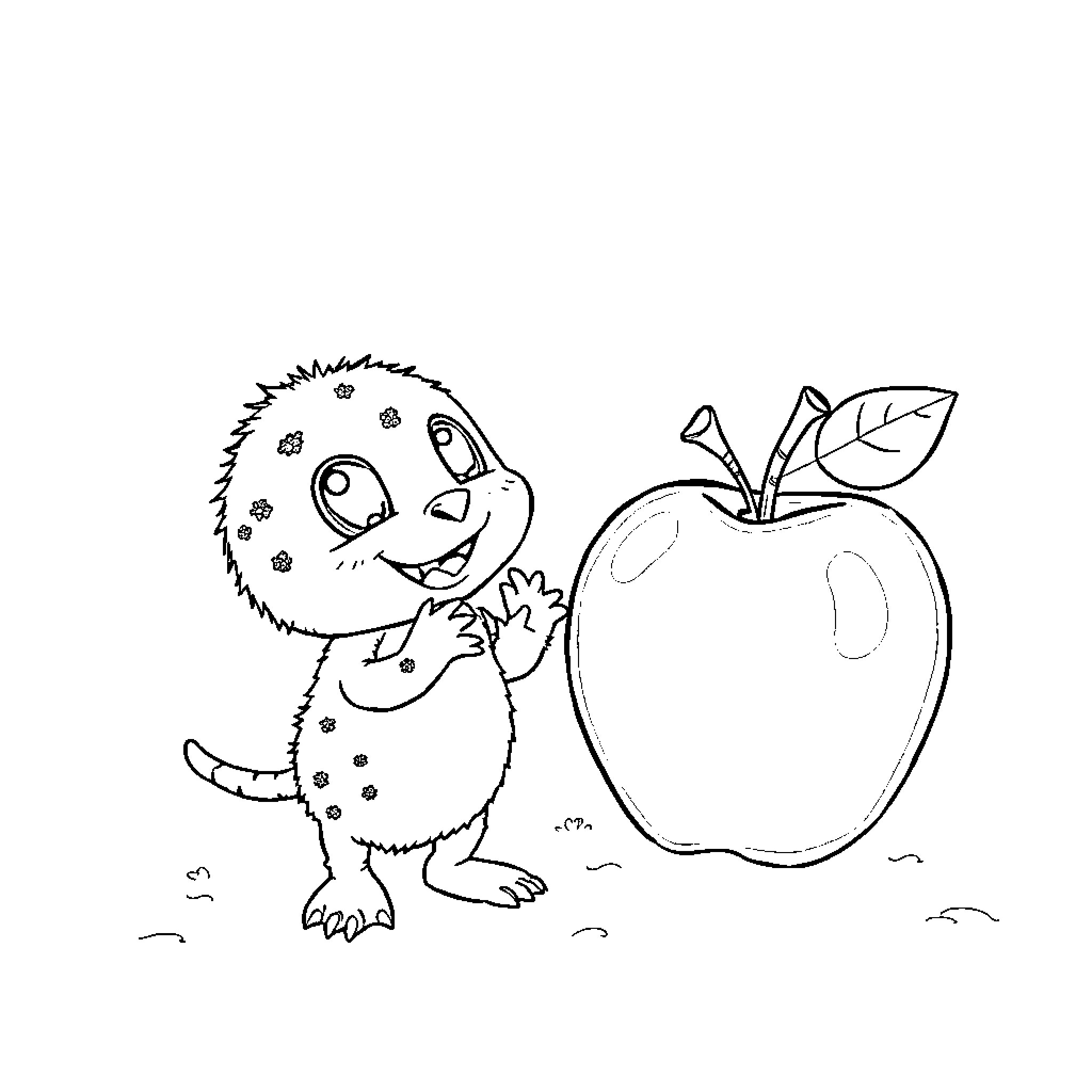 Lemming admiring a giant apple Coloring Page (free black-and-white line drawing printable PDF for all, from beginners to advanced learners, including children, teens, adults, and seniors)