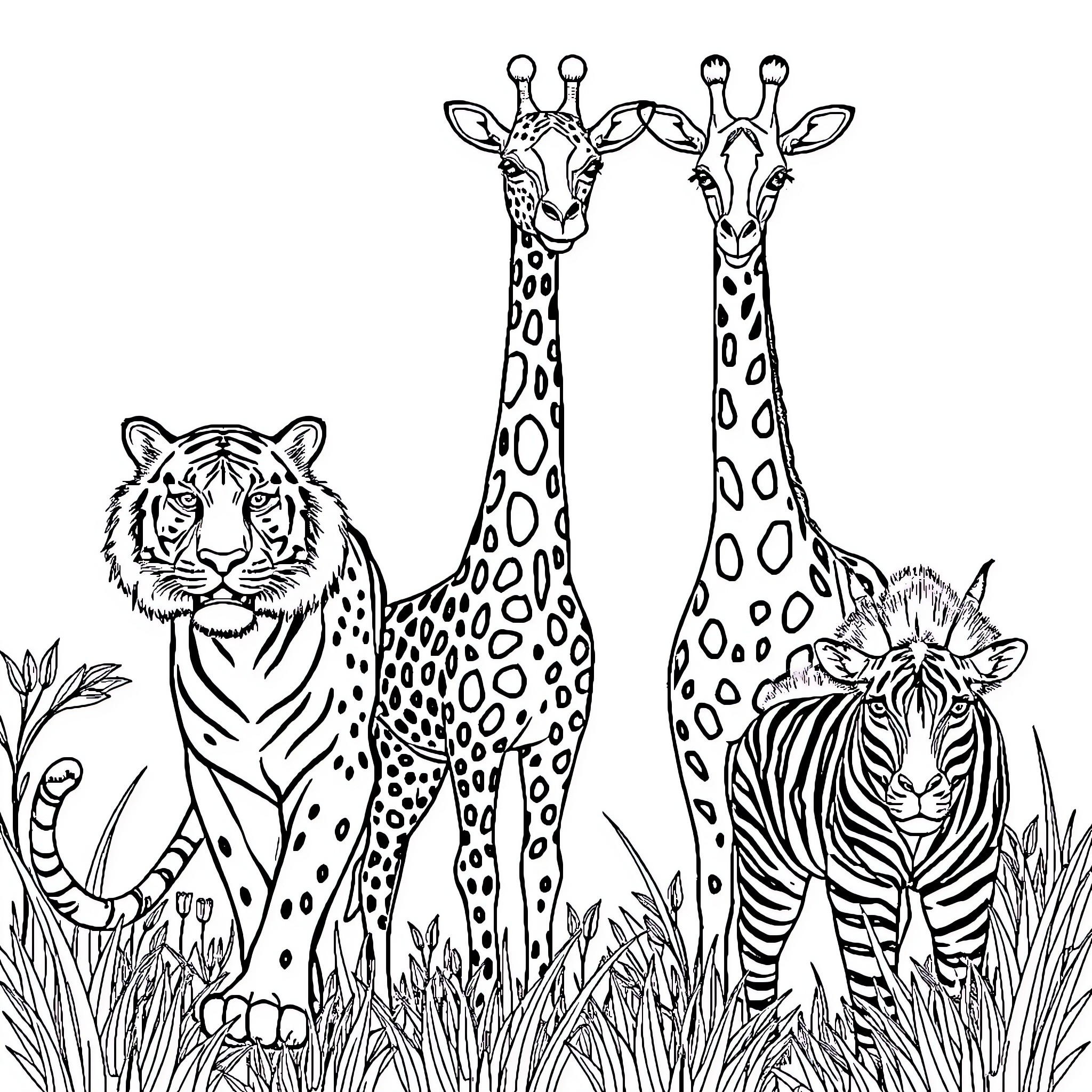 Savanna wildlife: Giraffes, tiger, and zebra in the wild Coloring Page (free black-and-white line drawing printable PDF for all, from beginners to advanced learners, including children, teens, adults, and seniors)