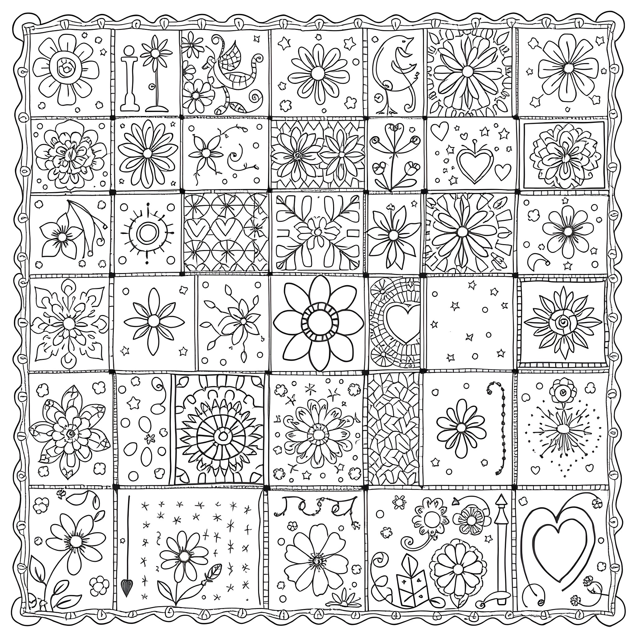 Patchwork of floral patterns and designs Coloring Page (free black-and-white line drawing printable PDF for all, from beginners to advanced learners, including children, teens, adults, and seniors)