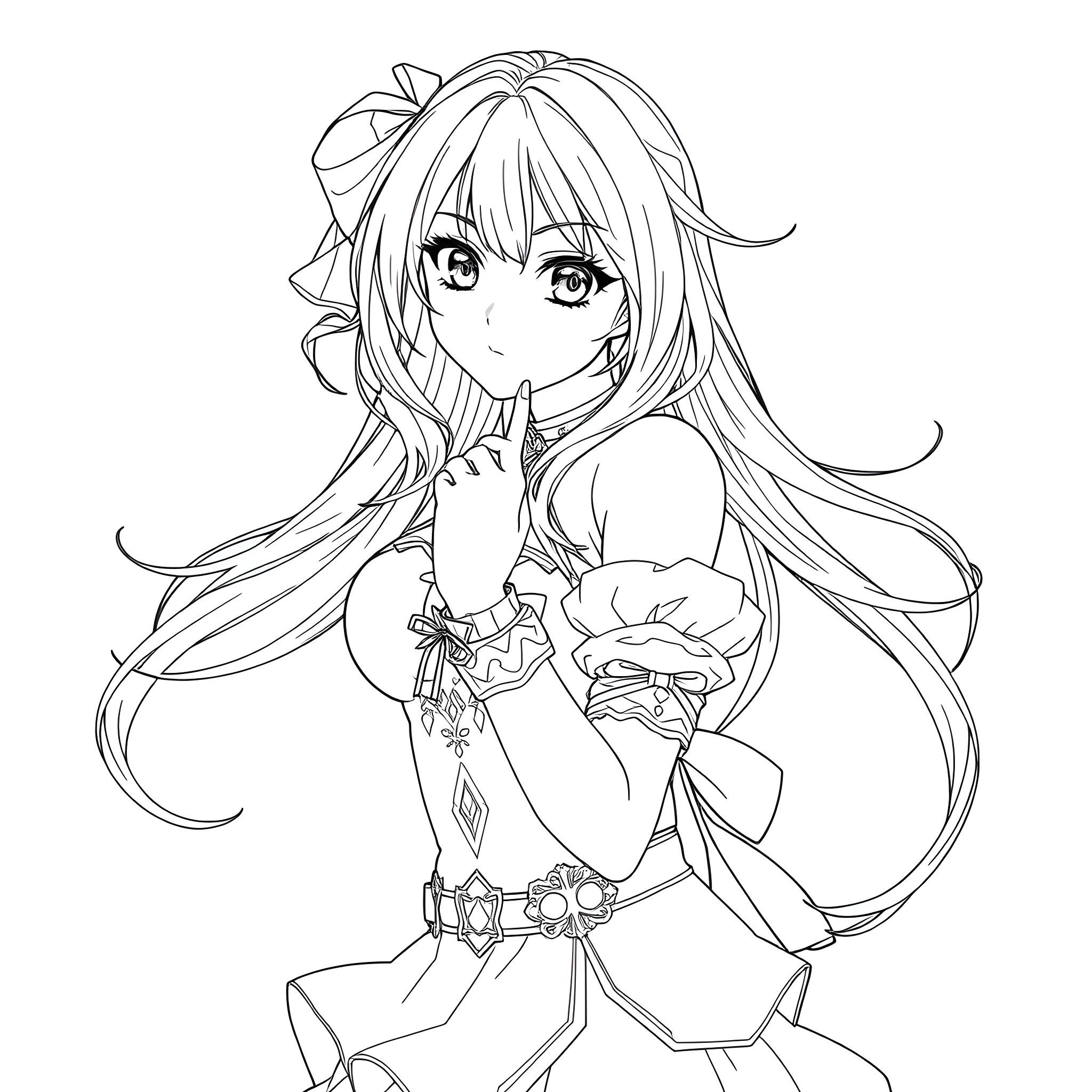 Anime Girl in Ornate Dress with Flowing Hair Coloring Page (free black-and-white line drawing printable PDF for all, from beginners to advanced learners, including children, teens, adults, and seniors)