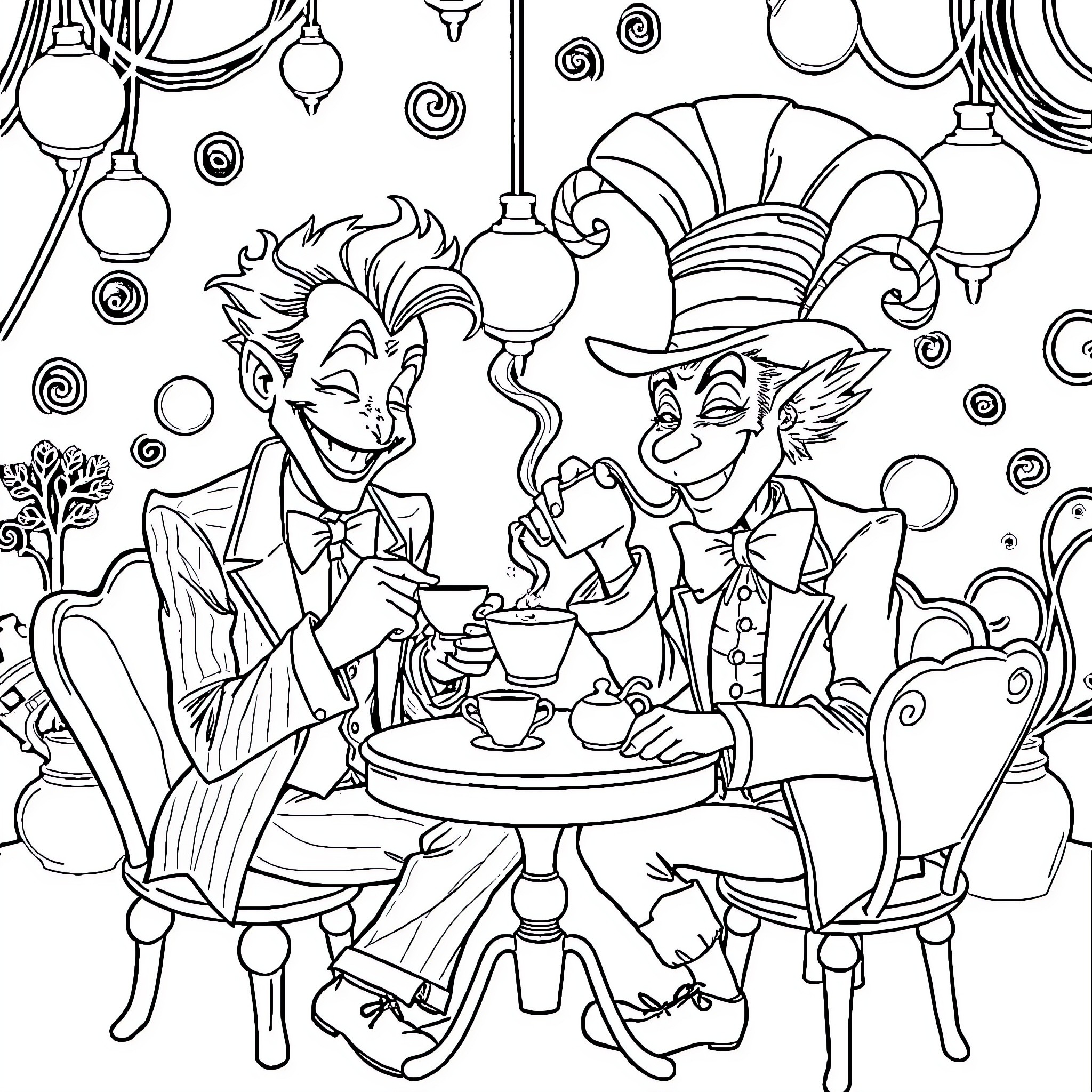 Joker characters having a whimsical tea party Coloring Page (free black-and-white line drawing printable PDF for all, from beginners to advanced learners, including children, teens, adults, and seniors)