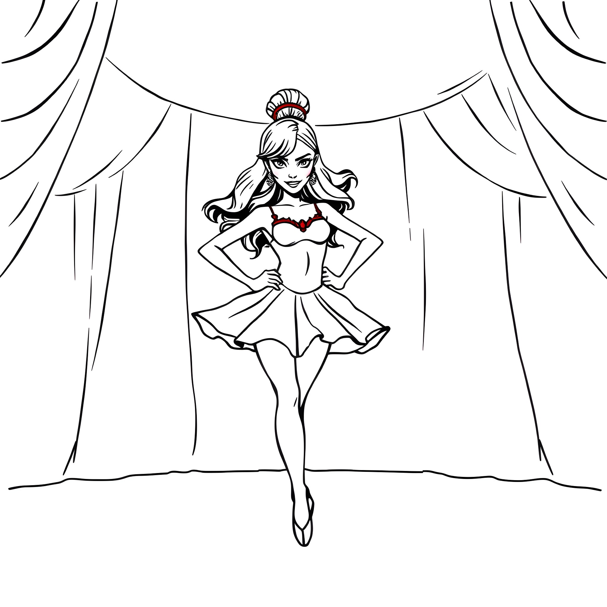 Ballerina performing gracefully on stage Coloring Page (free black-and-white line drawing printable PDF for all, from beginners to advanced learners, including children, teens, adults, and seniors)