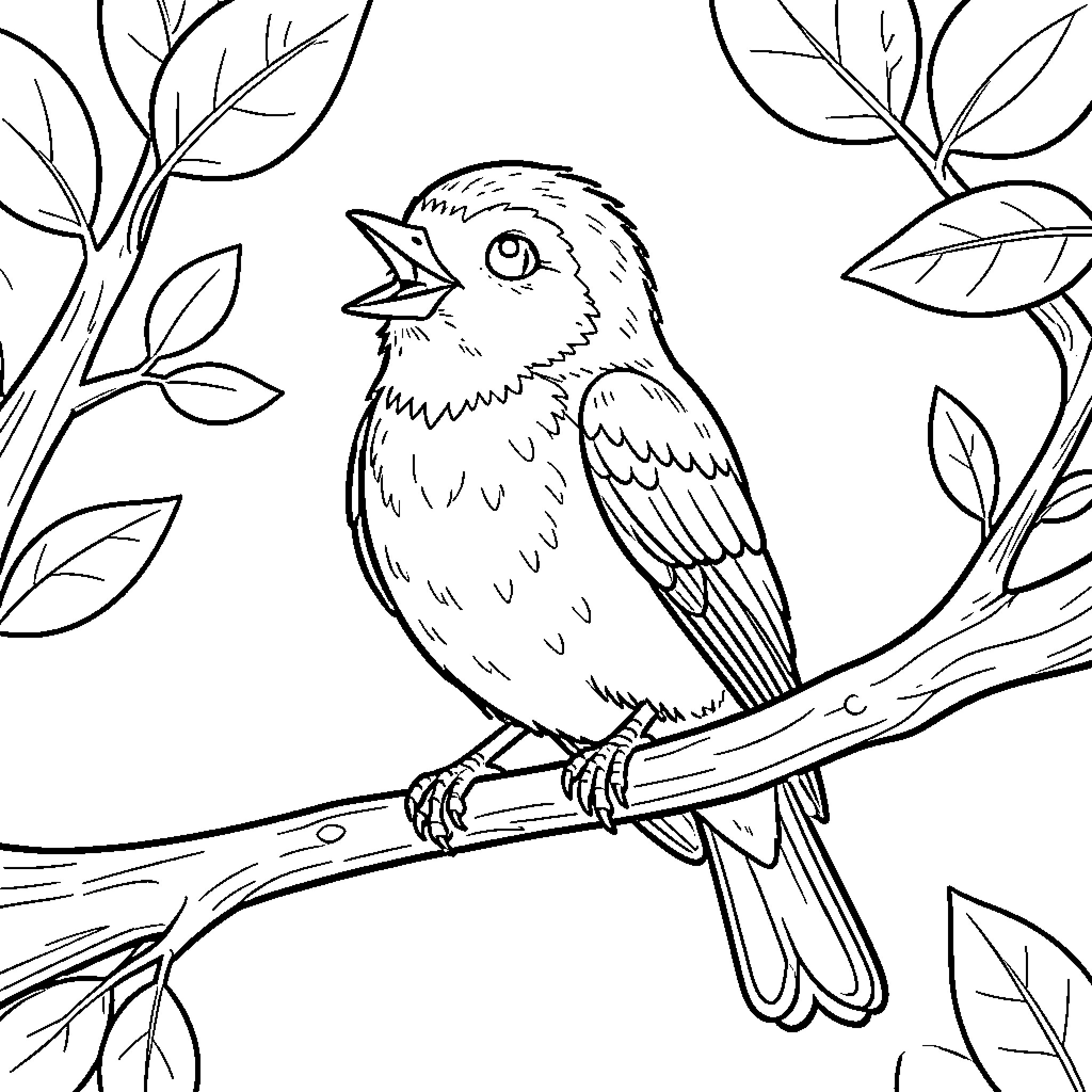 Bird perched on branch amidst foliage Coloring Page (free black-and-white line drawing printable PDF for all, from beginners to advanced learners, including children, teens, adults, and seniors)