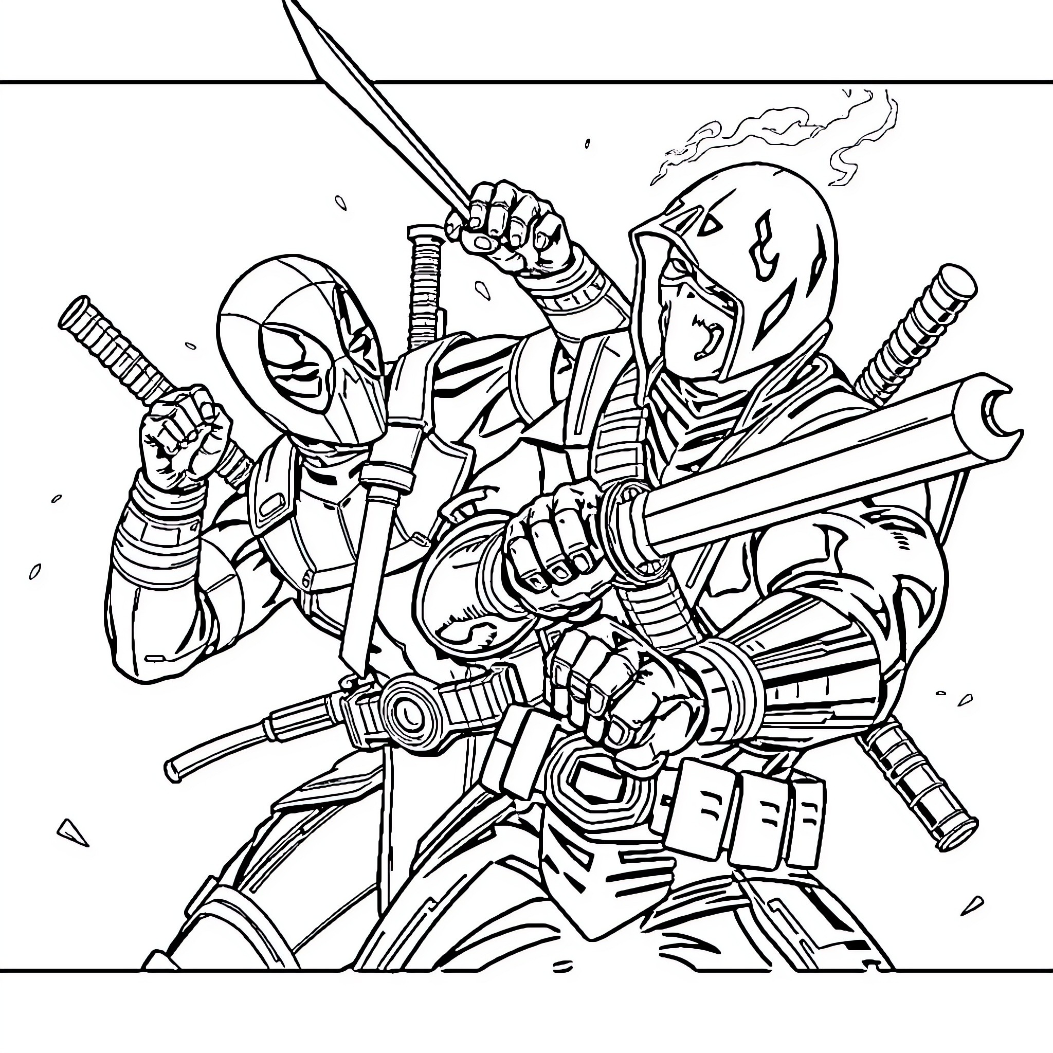 Deadpool in intense combat with heavily armed opponent Coloring Page (free black-and-white line drawing printable PDF for all, from beginners to advanced learners, including children, teens, adults, and seniors)