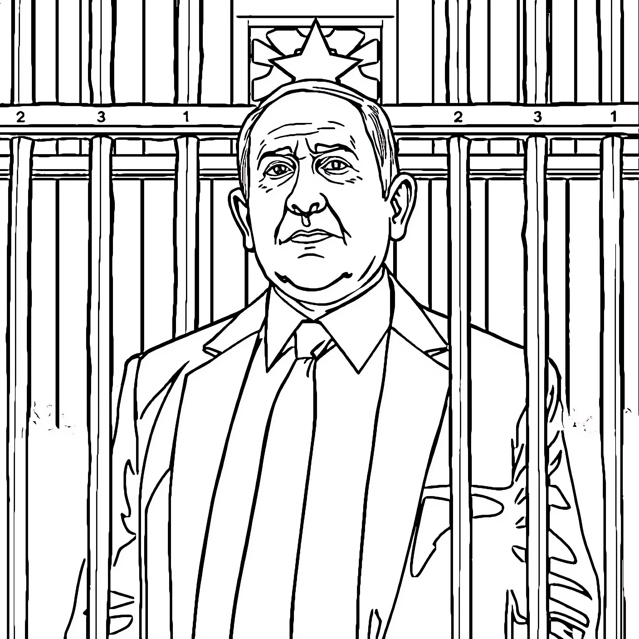 Benjamin Netanyahu behind bars Coloring Page (free black-and-white line drawing printable PDF for all, from beginners to advanced learners, including children, teens, adults, and seniors)