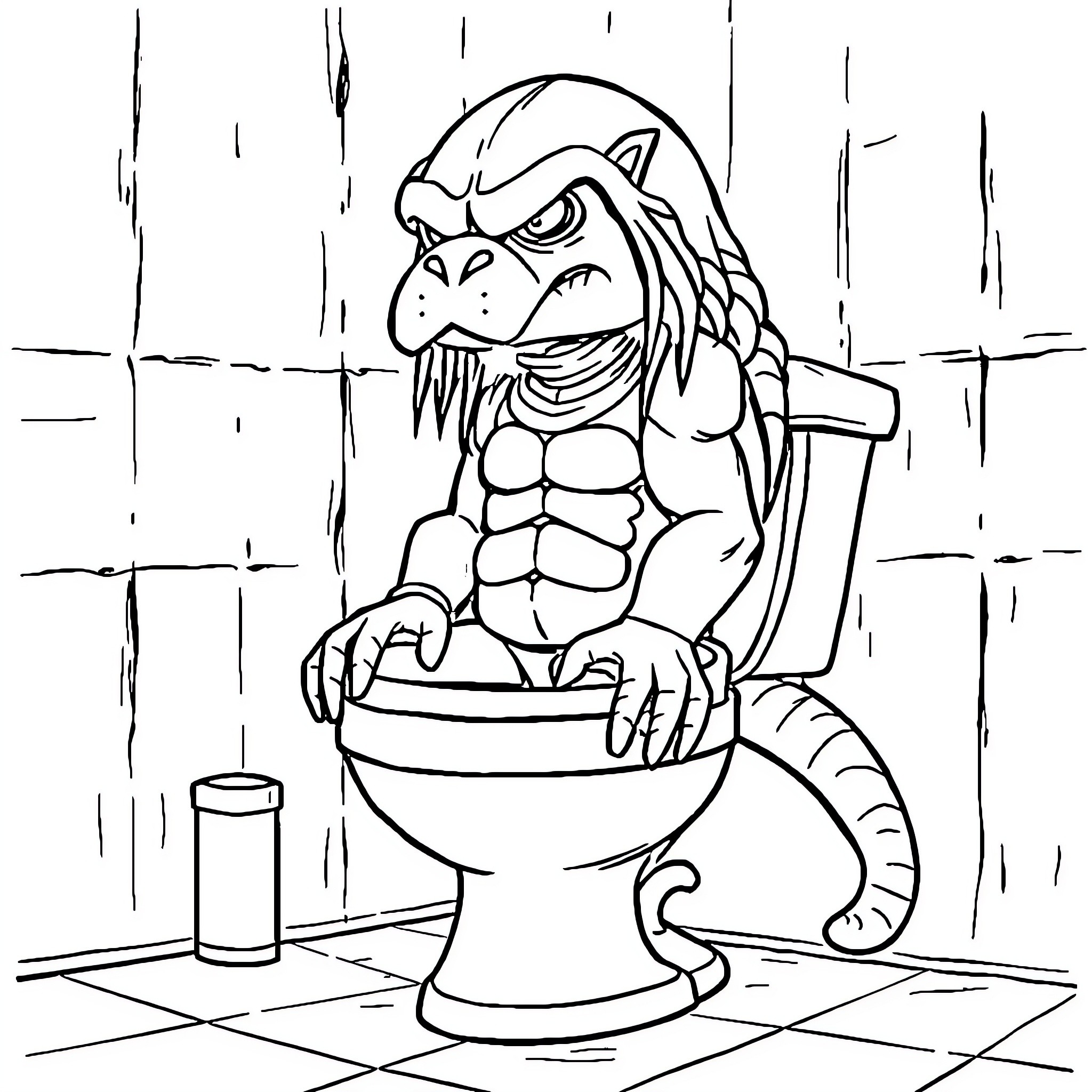 Predator Unleashes Fury in the Restroom Coloring Page (free black-and-white line drawing printable PDF for all, from beginners to advanced learners, including children, teens, adults, and seniors)