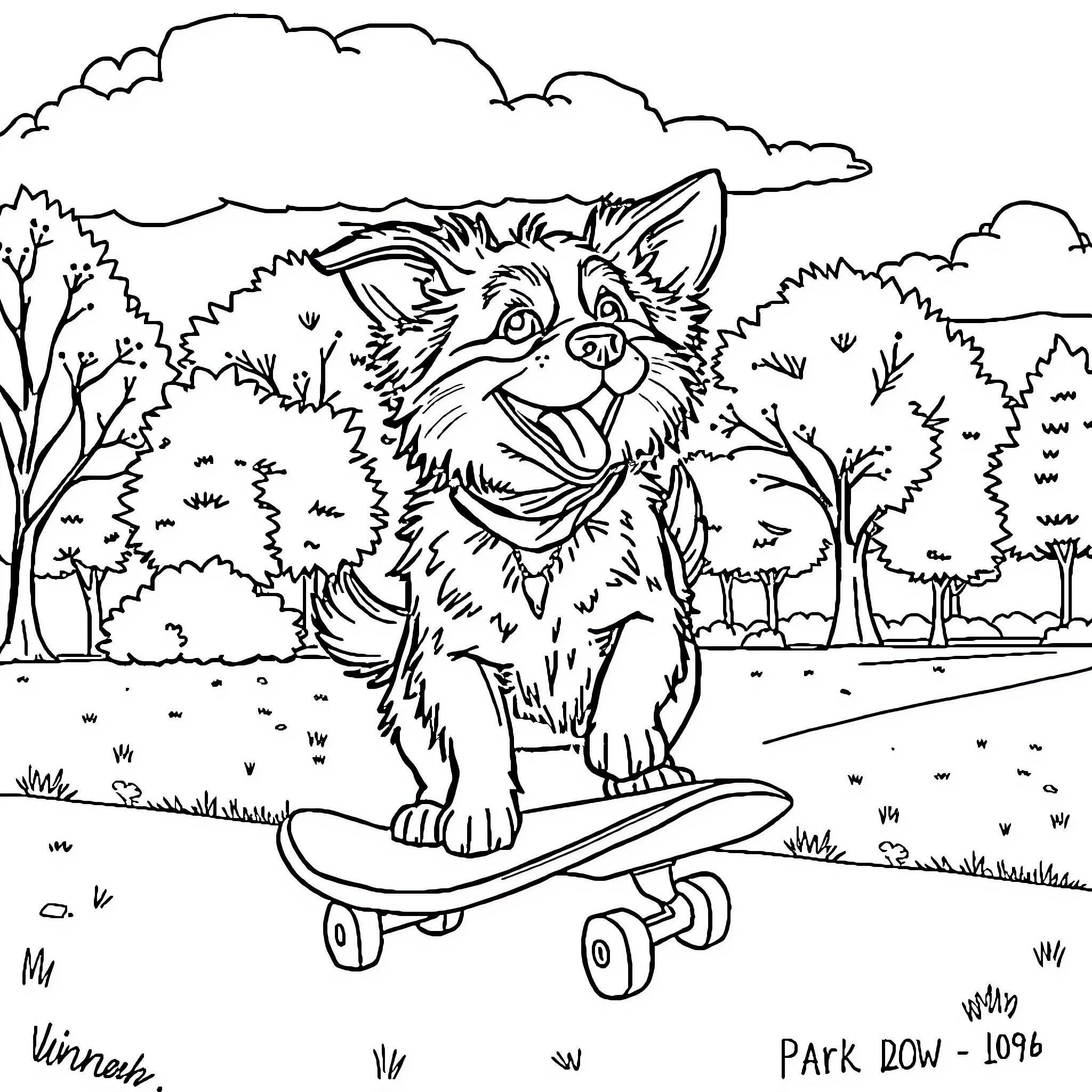 Dog riding a skateboard in the park Coloring Page (free black-and-white line drawing printable PDF for all, from beginners to advanced learners, including children, teens, adults, and seniors)