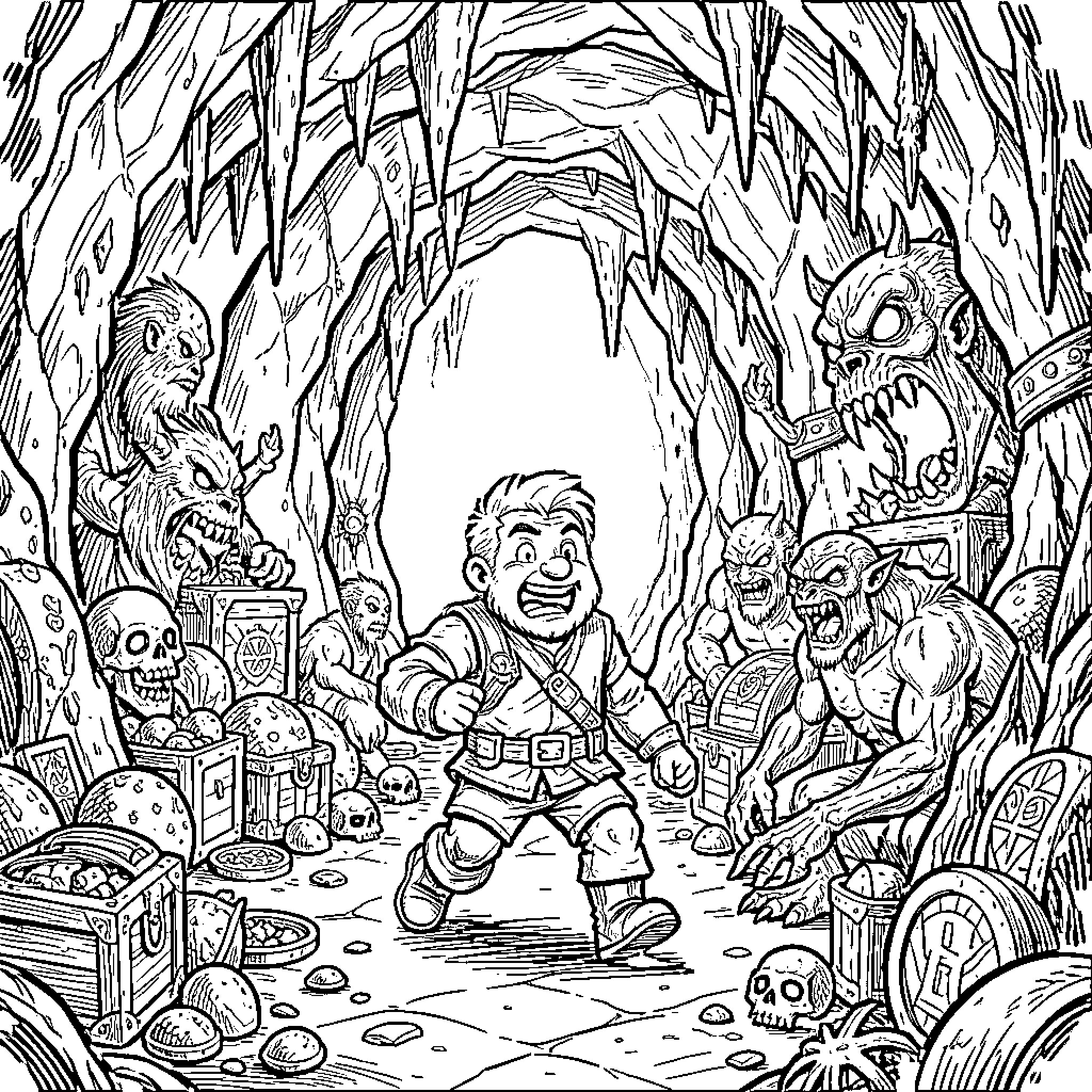 Dungeon Crawler Carl Explores the Treacherous Cavern Coloring Page (free black-and-white line drawing printable PDF for all, from beginners to advanced learners, including children, teens, adults, and seniors)