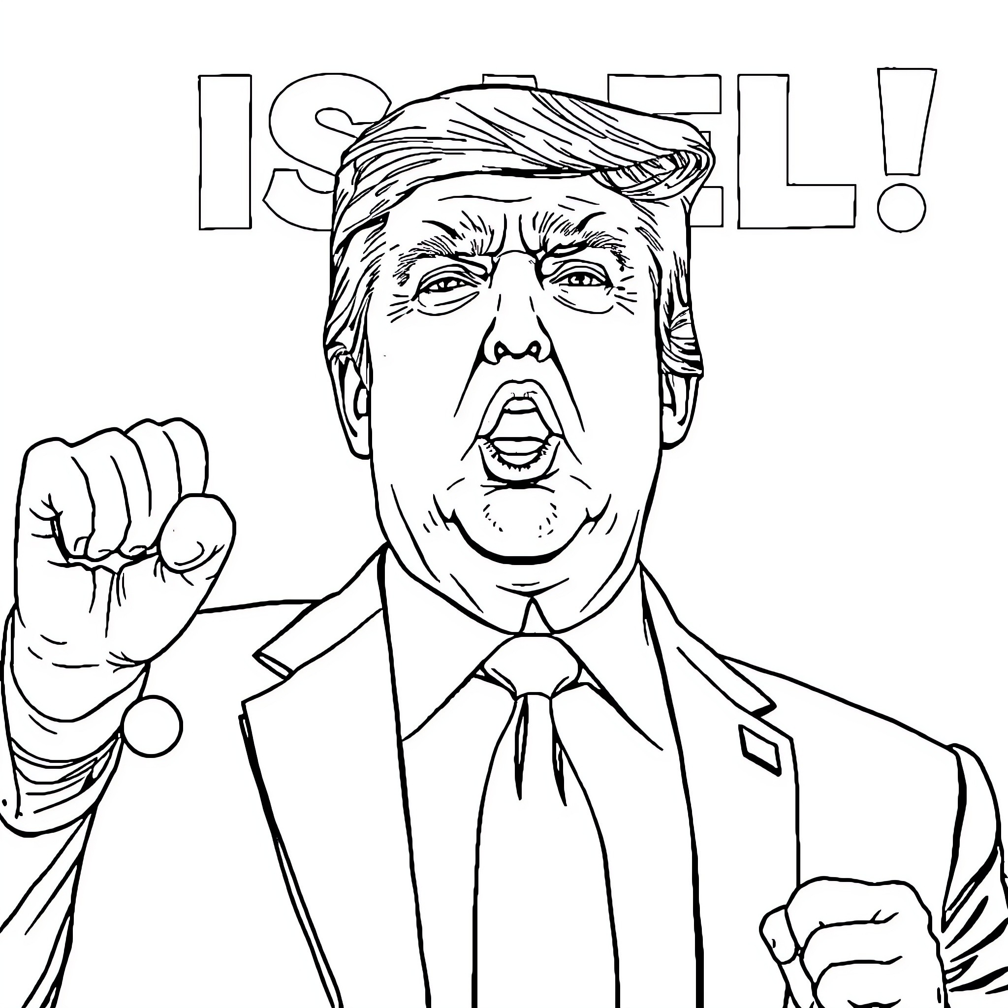 Donald Trump shouting with clenched fist in outrage Coloring Page (free black-and-white line drawing printable PDF for all, from beginners to advanced learners, including children, teens, adults, and seniors)