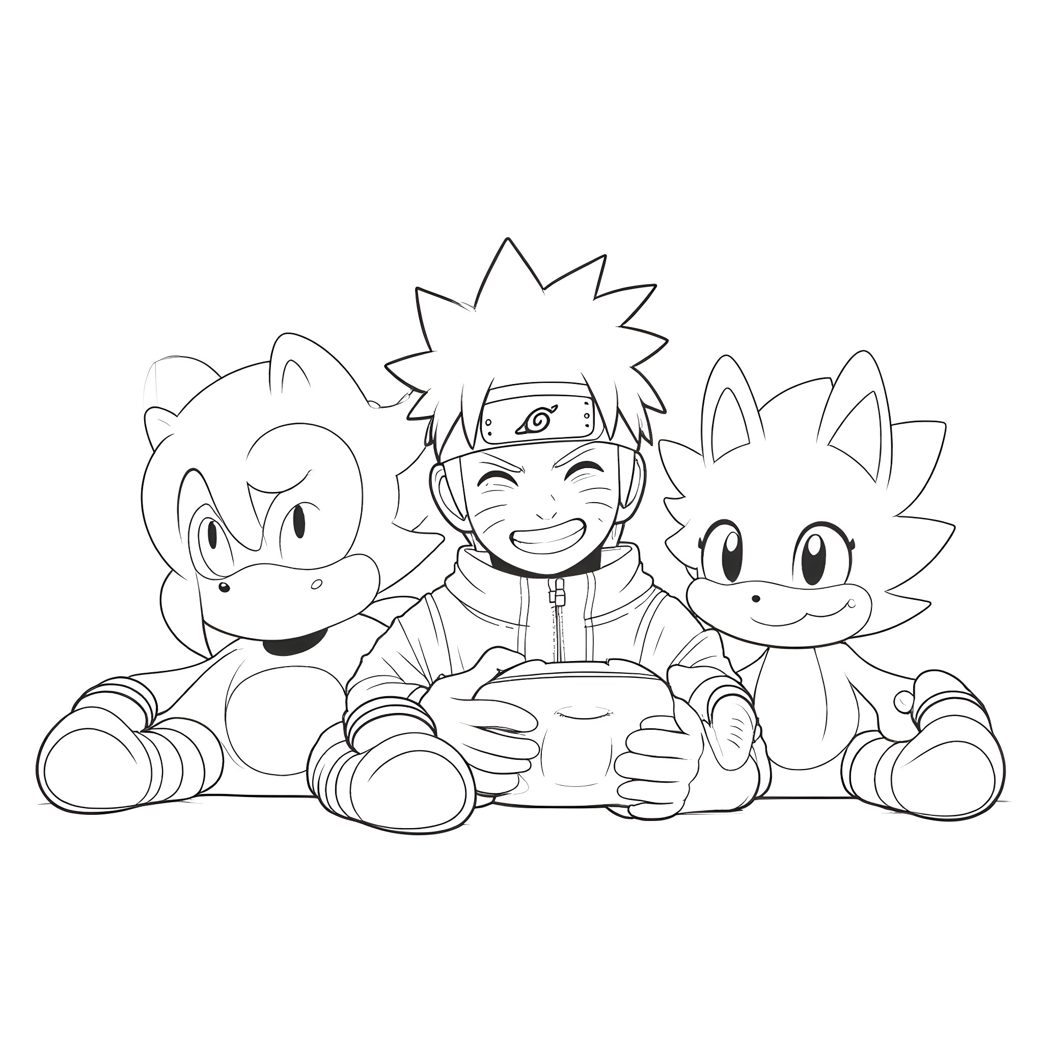 Naruto and friends in a playful scene Coloring Page (free black-and-white line drawing printable PDF for all, from beginners to advanced learners, including children, teens, adults, and seniors)