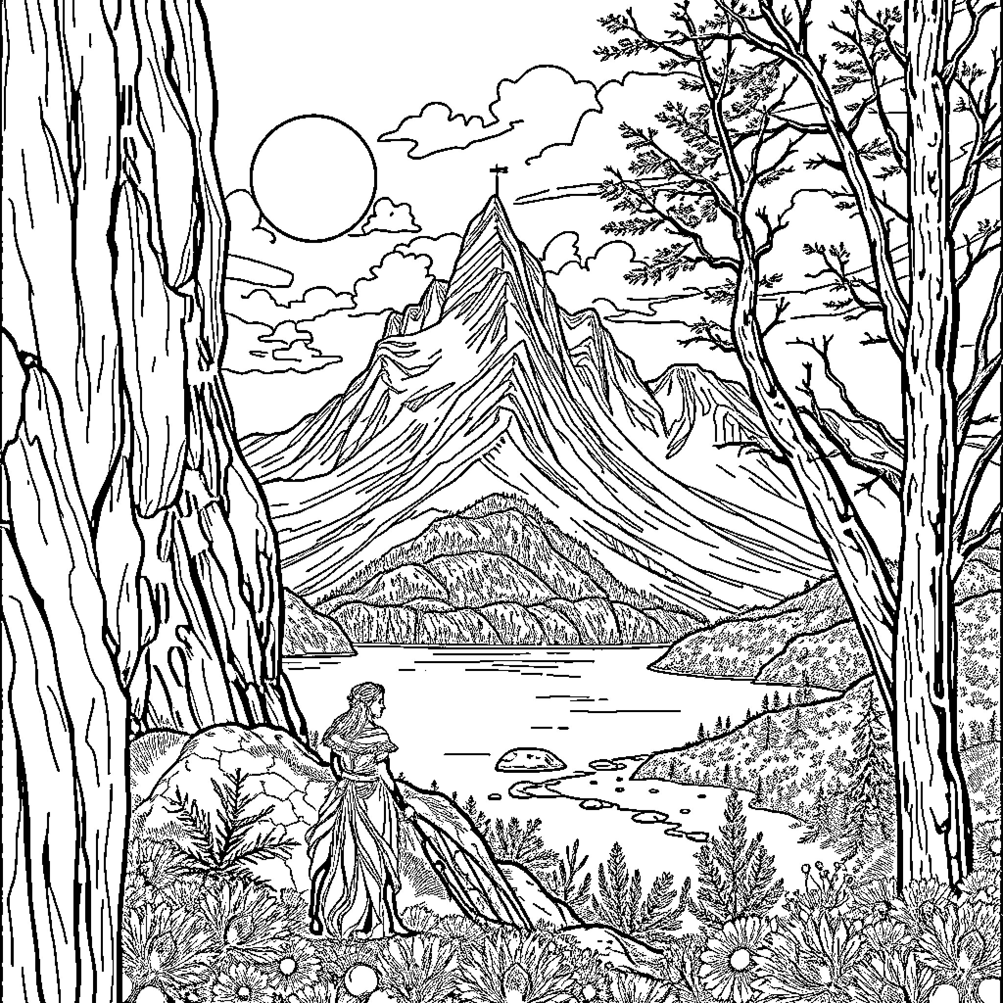 Eiffel Tower Landscape with Scenic Mountains and Woman Coloring Page (free black-and-white line drawing printable PDF for all, from beginners to advanced learners, including children, teens, adults, and seniors)