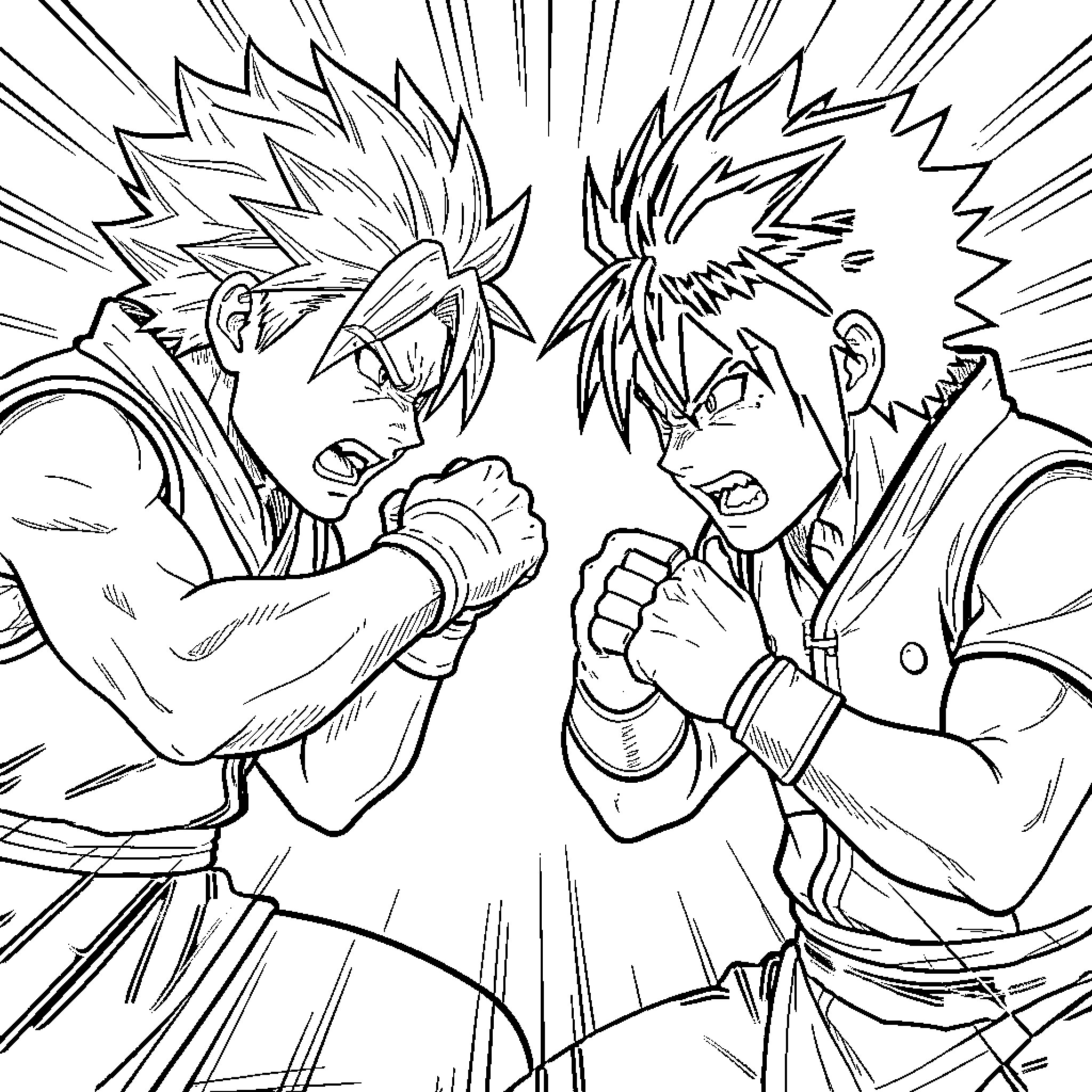 Vegeta and rival facing off in an intense battle Coloring Page (free black-and-white line drawing printable PDF for all, from beginners to advanced learners, including children, teens, adults, and seniors)