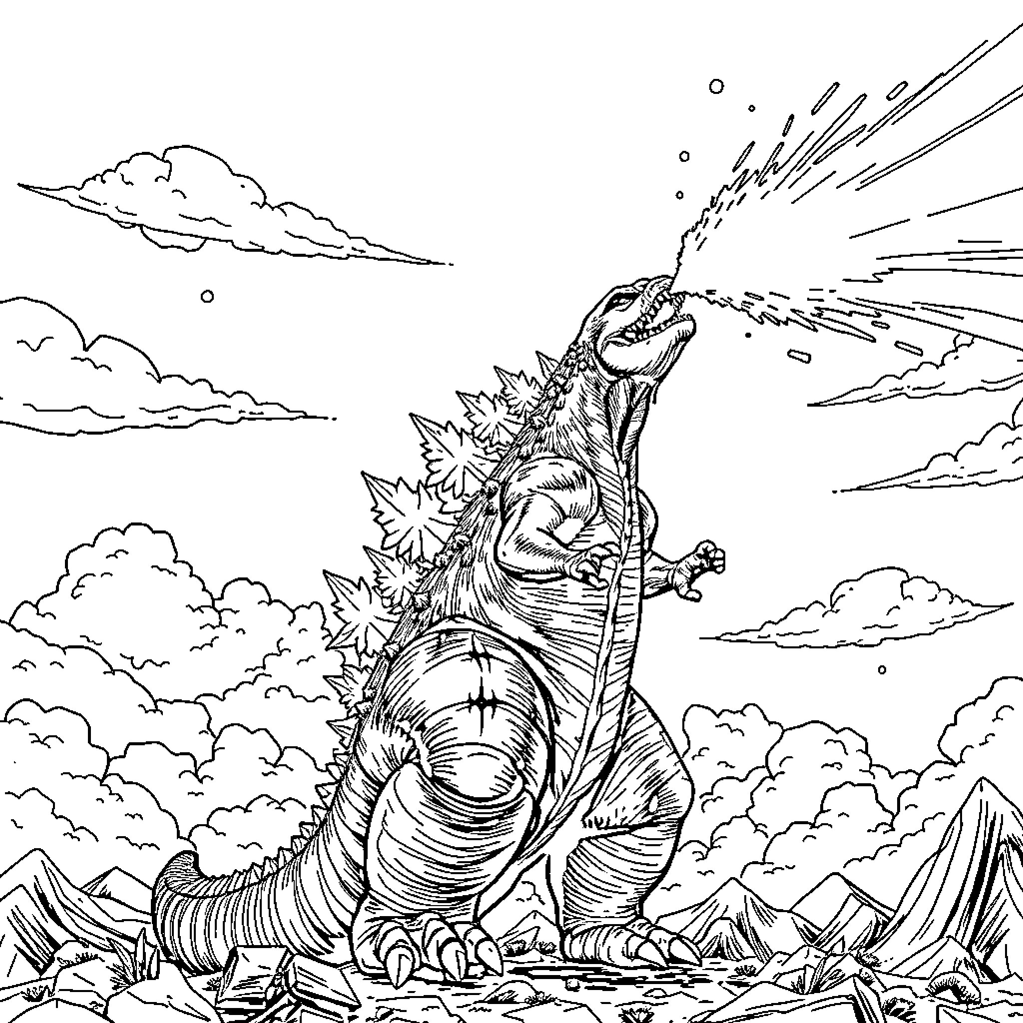 Godzilla Rampaging Through the Clouds Coloring Page (free black-and-white line drawing printable PDF for all, from beginners to advanced learners, including children, teens, adults, and seniors)