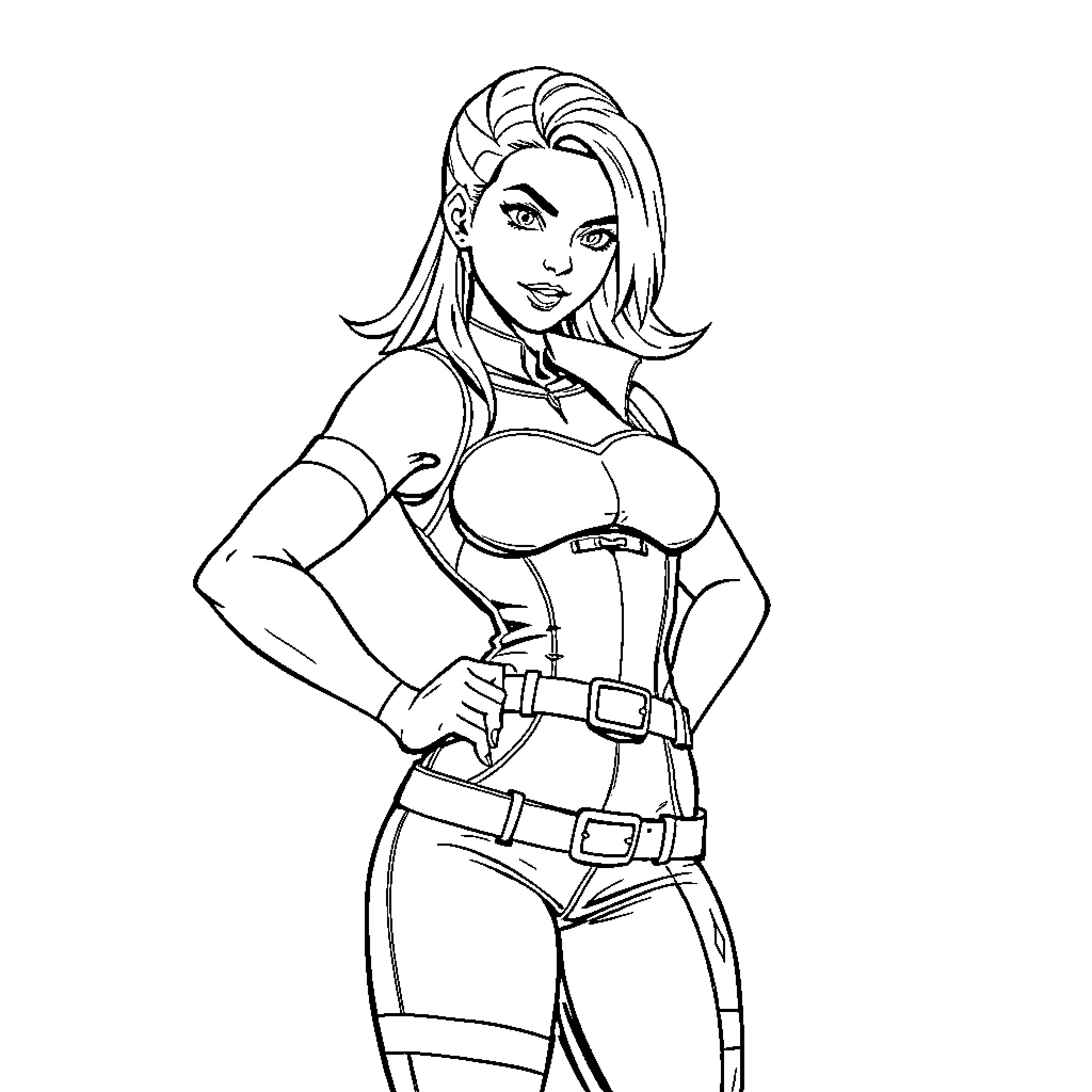 Android 18 in fighting stance with confident expression Coloring Page (free black-and-white line drawing printable PDF for all, from beginners to advanced learners, including children, teens, adults, and seniors)