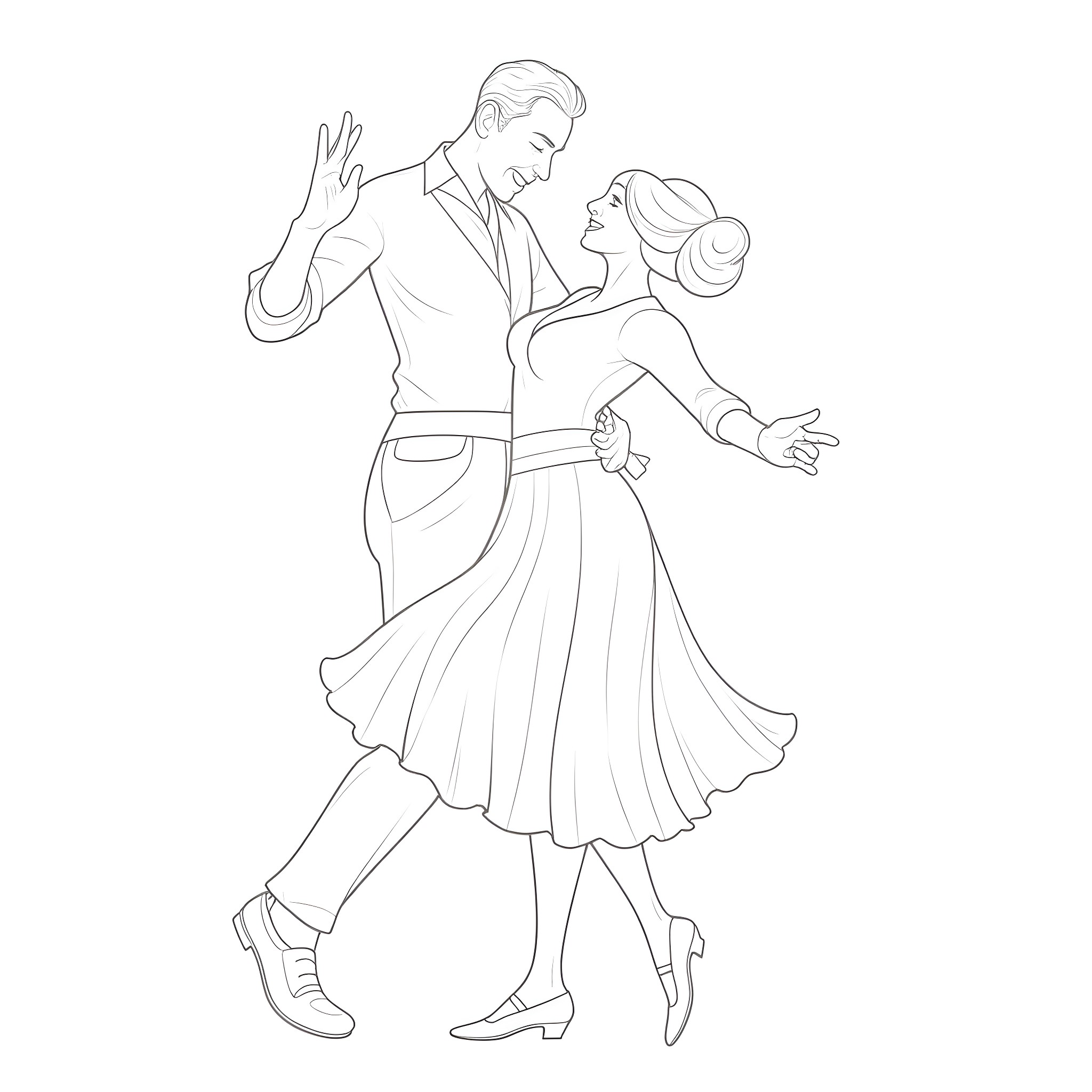 Man and woman dancing together elegantly Coloring Page (free black-and-white line drawing printable PDF for all, from beginners to advanced learners, including children, teens, adults, and seniors)