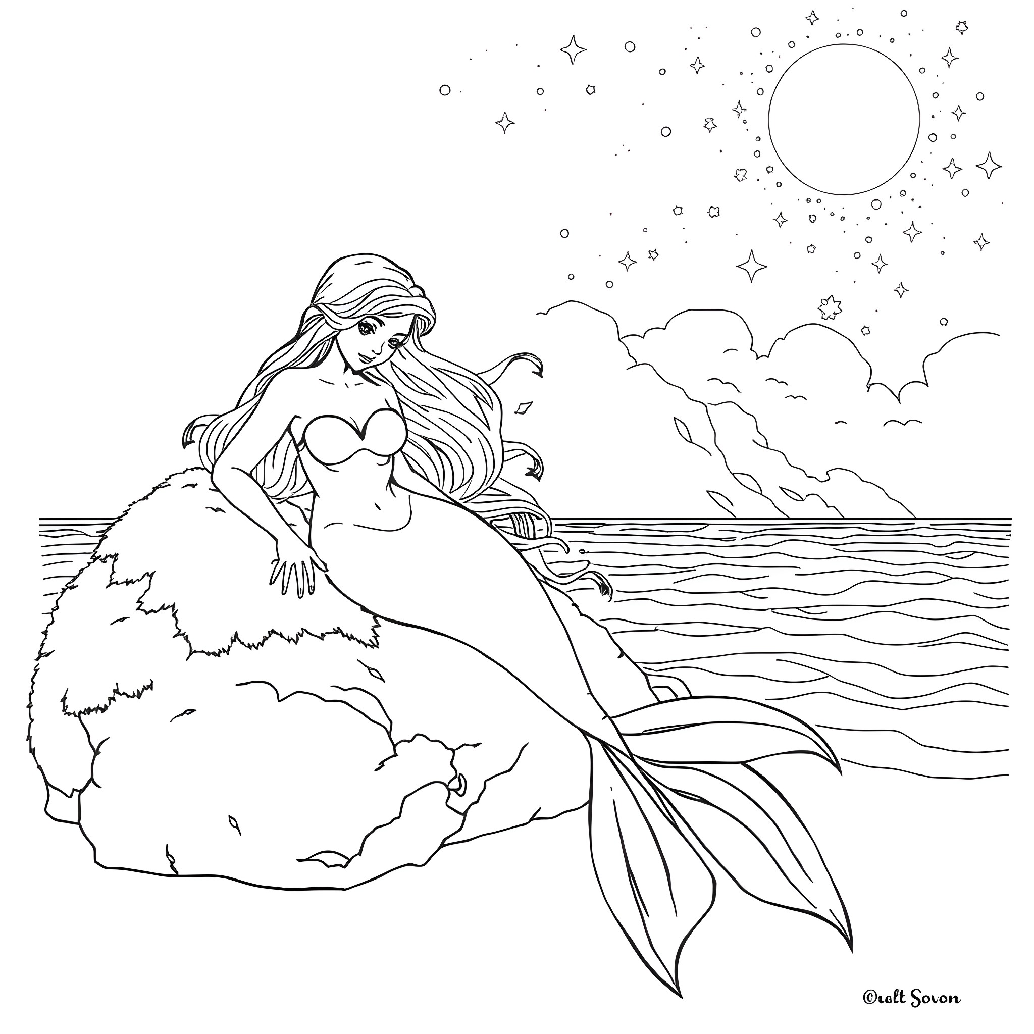 Mermaid resting peacefully on a rocky shore under the starry sky Coloring Page (free black-and-white line drawing printable PDF for all, from beginners to advanced learners, including children, teens, adults, and seniors)