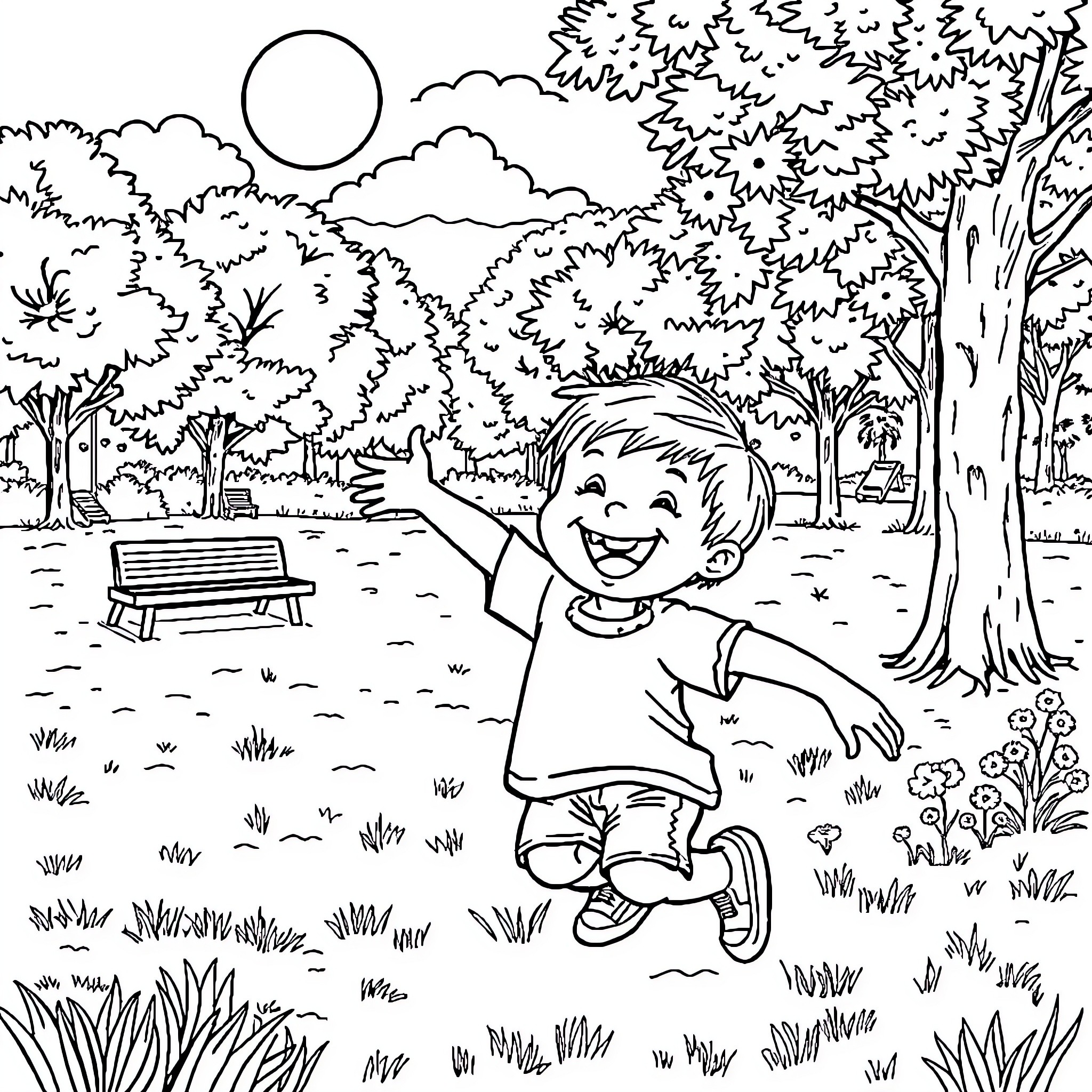 Kid enjoying the outdoors in a park Coloring Page (free black-and-white line drawing printable PDF for all, from beginners to advanced learners, including children, teens, adults, and seniors)