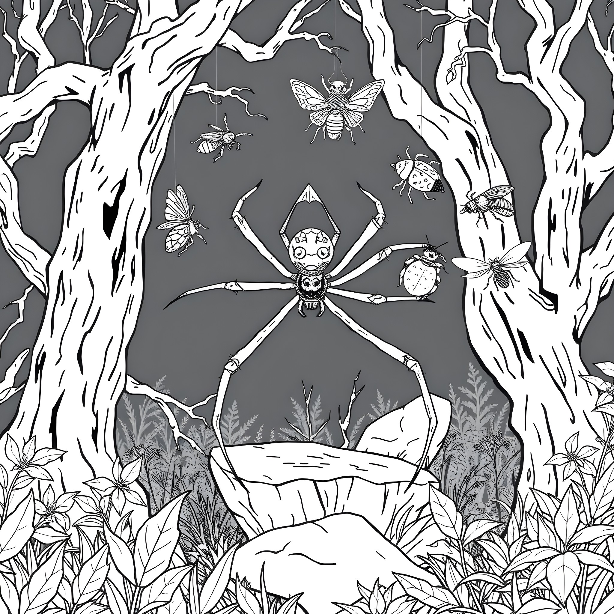 Spider Creatures in Eerie Forest Landscape Coloring Page (free black-and-white line drawing printable PDF for all, from beginners to advanced learners, including children, teens, adults, and seniors)