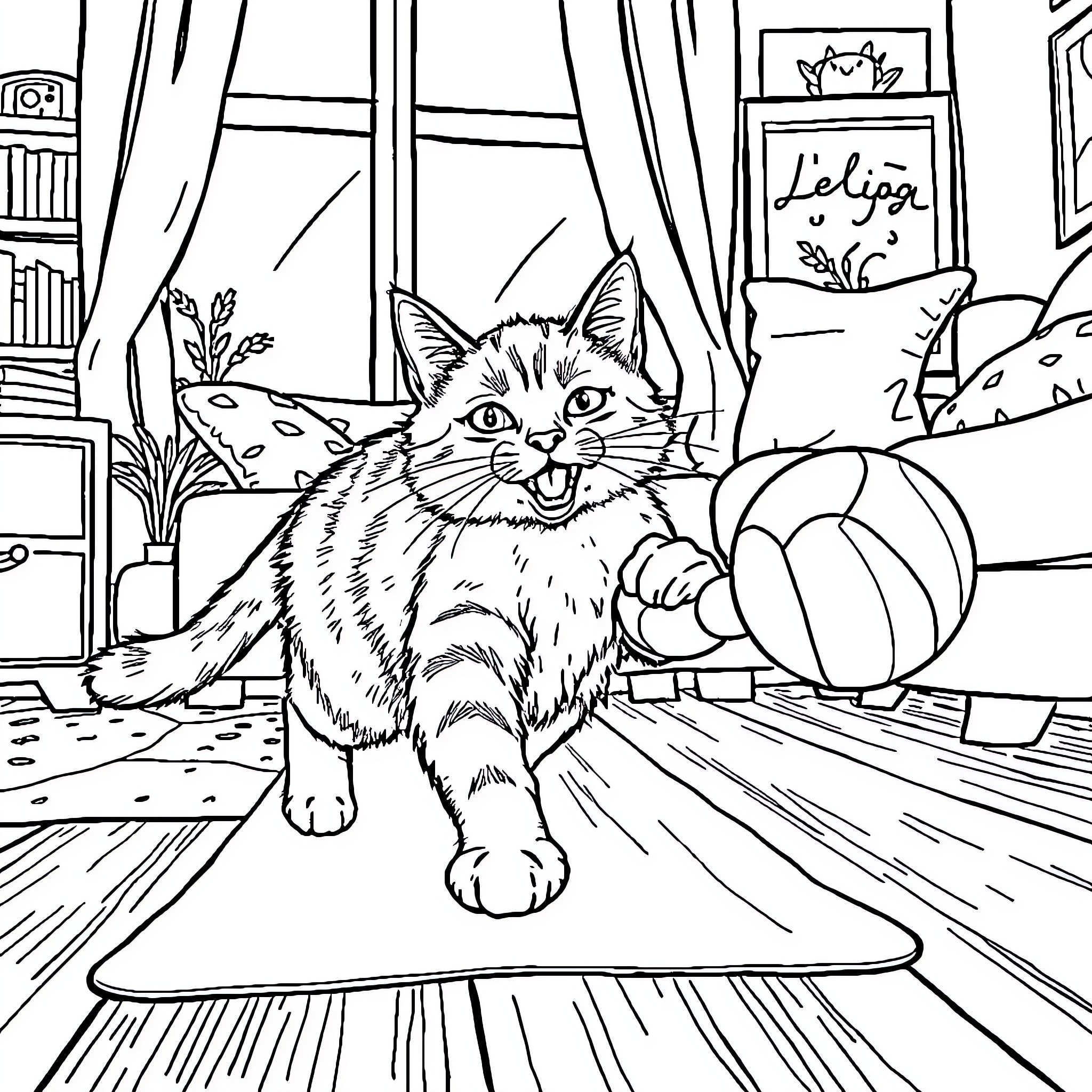 Cat exploring a cozy indoor scene Coloring Page (free black-and-white line drawing printable PDF for all, from beginners to advanced learners, including children, teens, adults, and seniors)