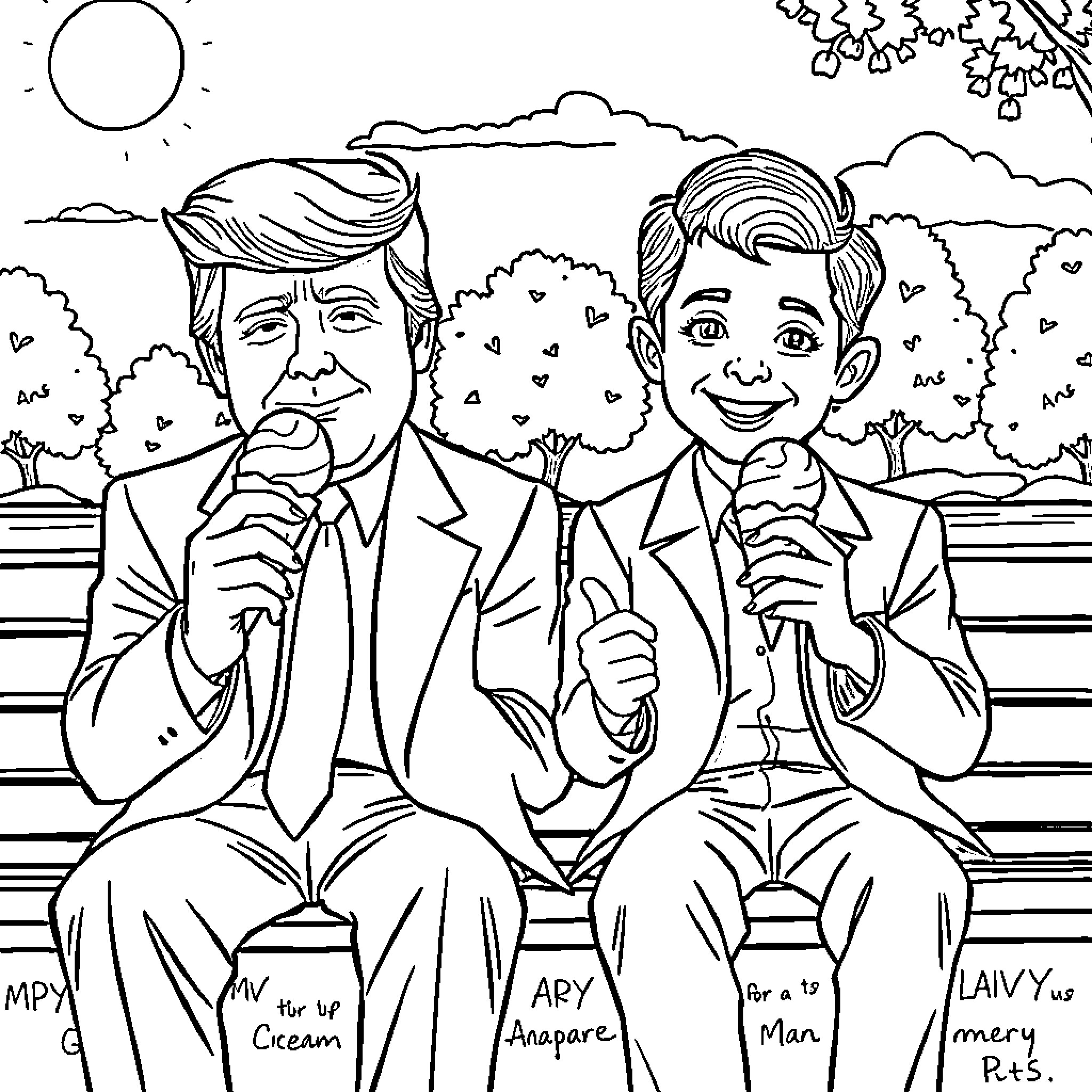Donald Trump and Unknown Man Eating Ice Cream on Bench Coloring Page (free black-and-white line drawing printable PDF for all, from beginners to advanced learners, including children, teens, adults, and seniors)