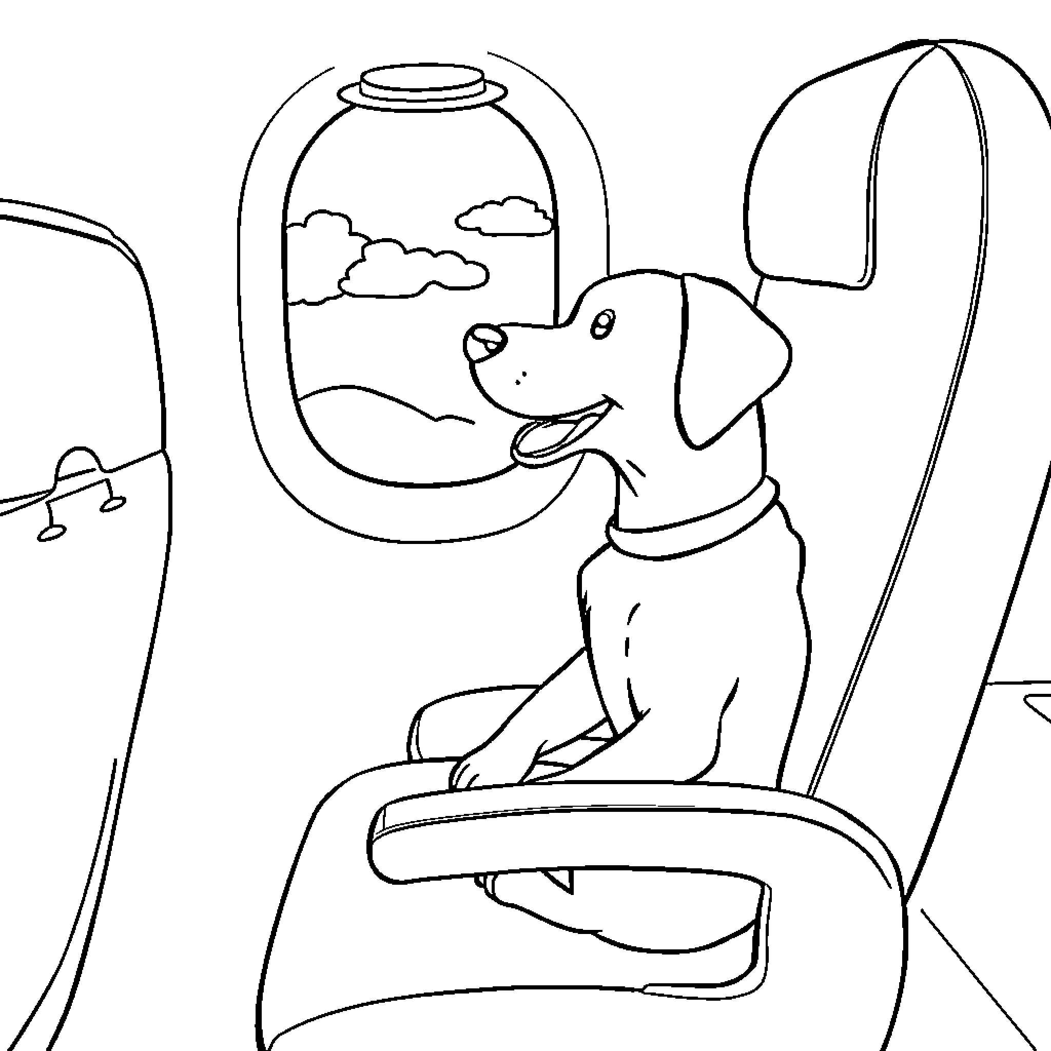 Dog observing nature through window Coloring Page (free black-and-white line drawing printable PDF for all, from beginners to advanced learners, including children, teens, adults, and seniors)