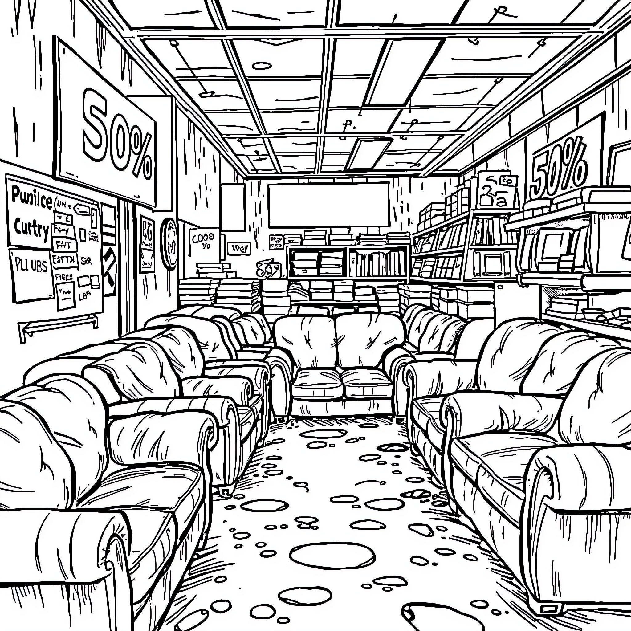 Couch shopping in a furniture store Coloring Page (free black-and-white line drawing printable PDF for all, from beginners to advanced learners, including children, teens, adults, and seniors)