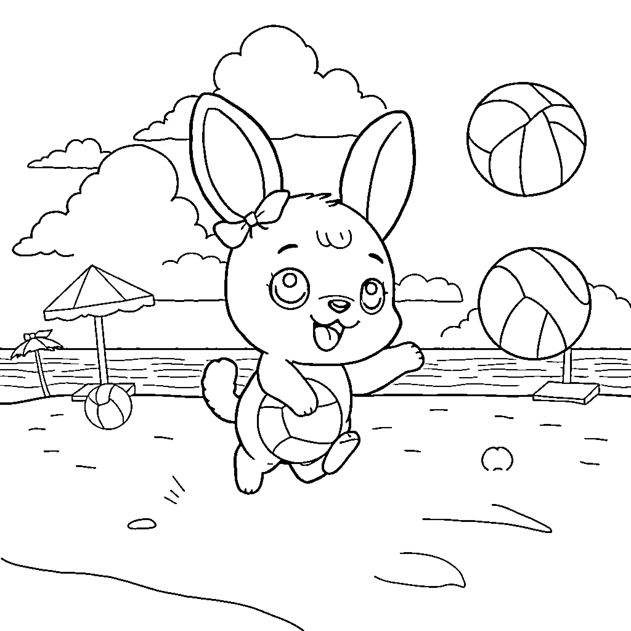Cinnamoroll enjoying a sunny day at the beach Coloring Page (free black-and-white line drawing printable PDF for all, from beginners to advanced learners, including children, teens, adults, and seniors)