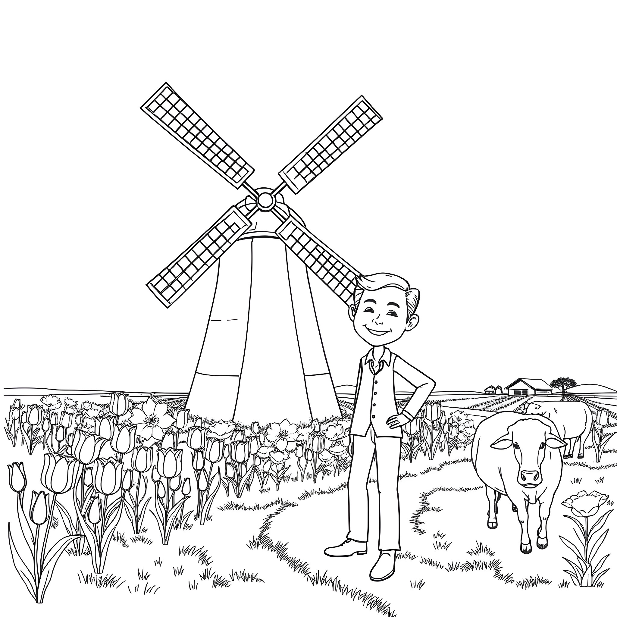 Trump standing in front of a windmill in a tulip field Coloring Page (free black-and-white line drawing printable PDF for all, from beginners to advanced learners, including children, teens, adults, and seniors)