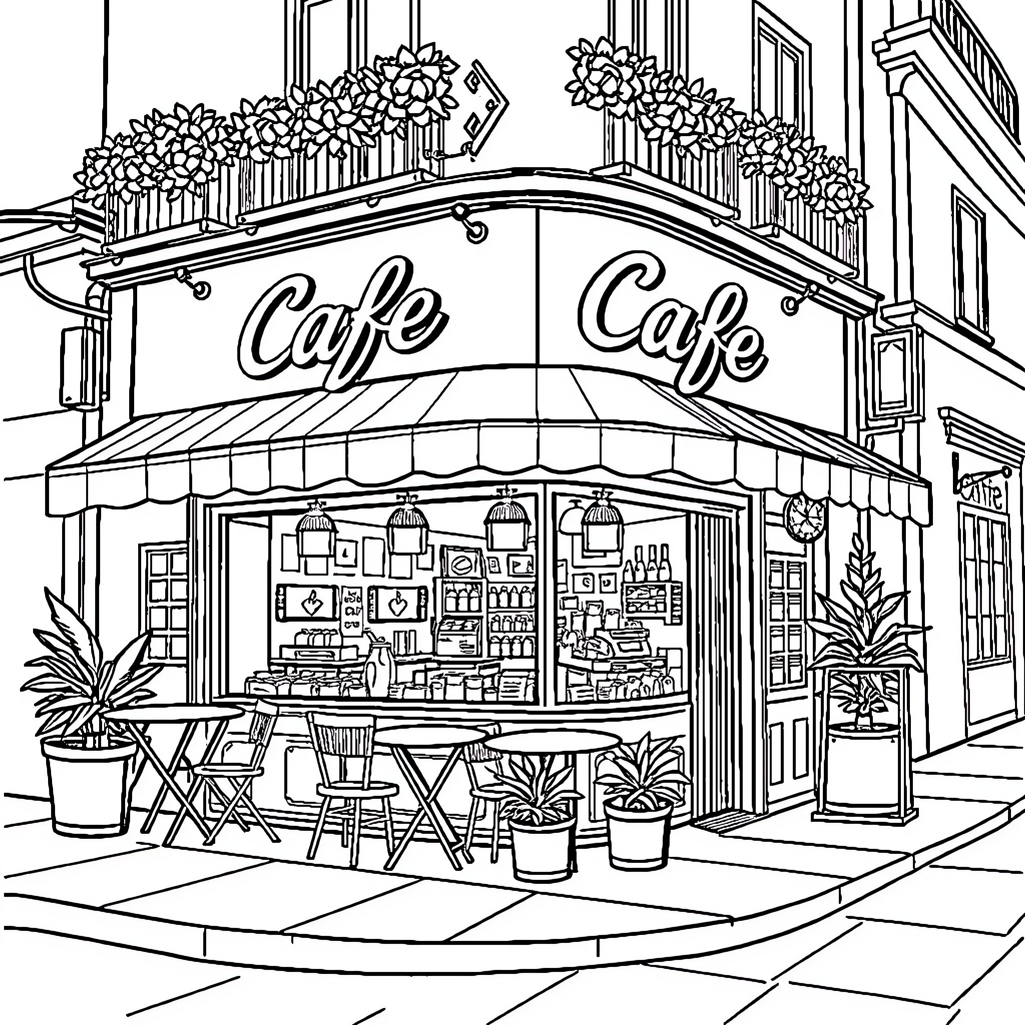 Cafe with Charming Outdoor Seating and Floral Decor Coloring Page (free black-and-white line drawing printable PDF for all, from beginners to advanced learners, including children, teens, adults, and seniors)