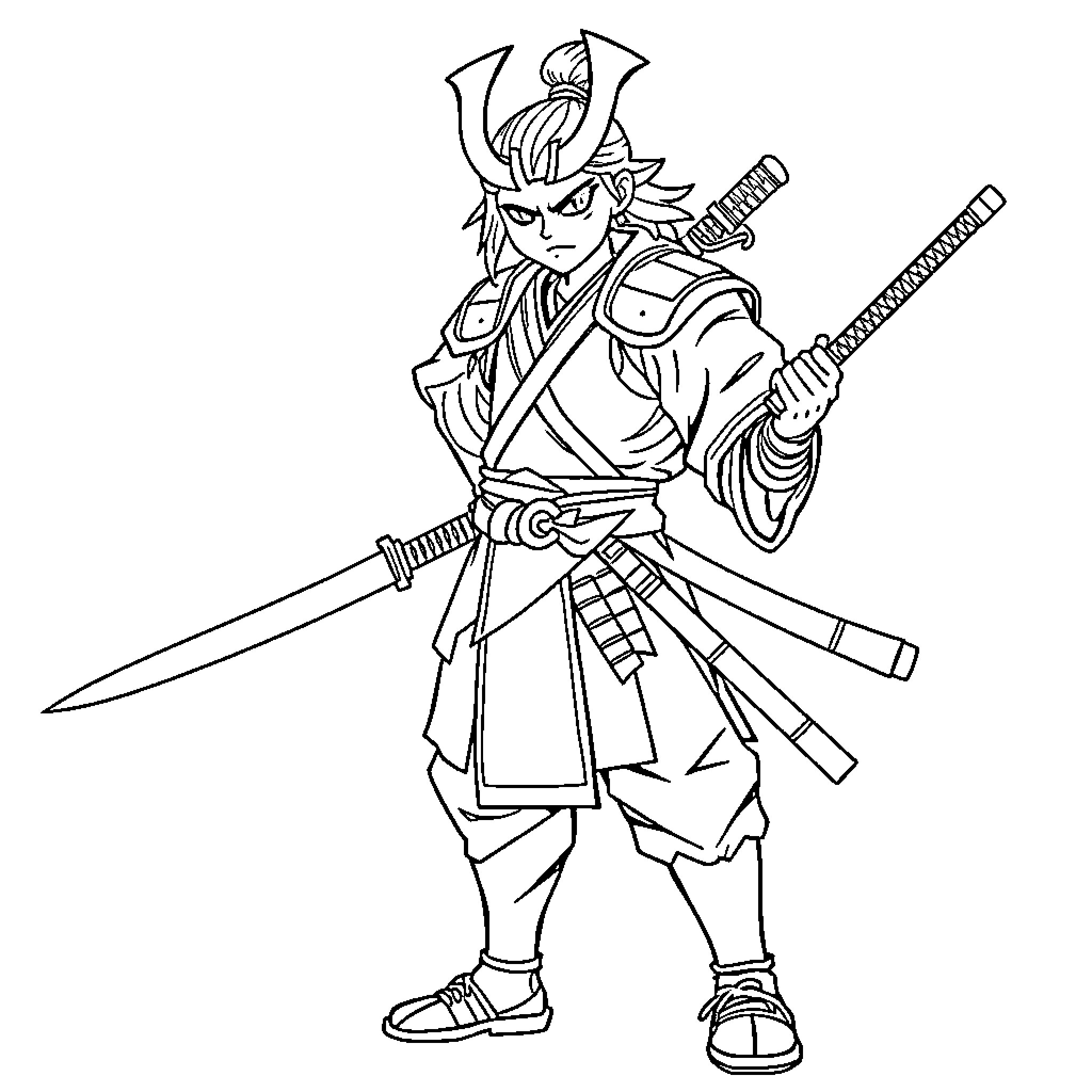 Tanjiro, the resolute warrior with blades Coloring Page (free black-and-white line drawing printable PDF for all, from beginners to advanced learners, including children, teens, adults, and seniors)