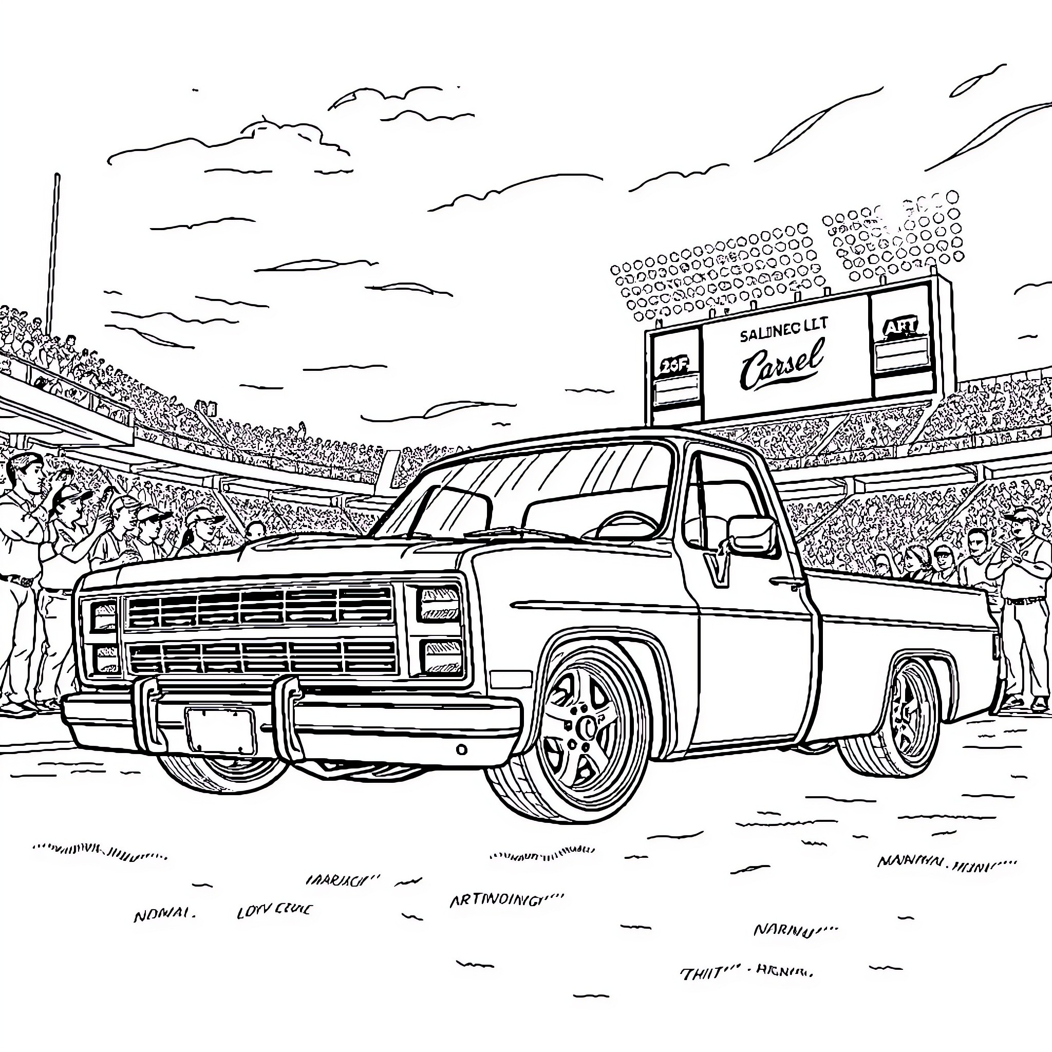 Pickup truck on the racetrack with crowds Coloring Page (free black-and-white line drawing printable PDF for all, from beginners to advanced learners, including children, teens, adults, and seniors)