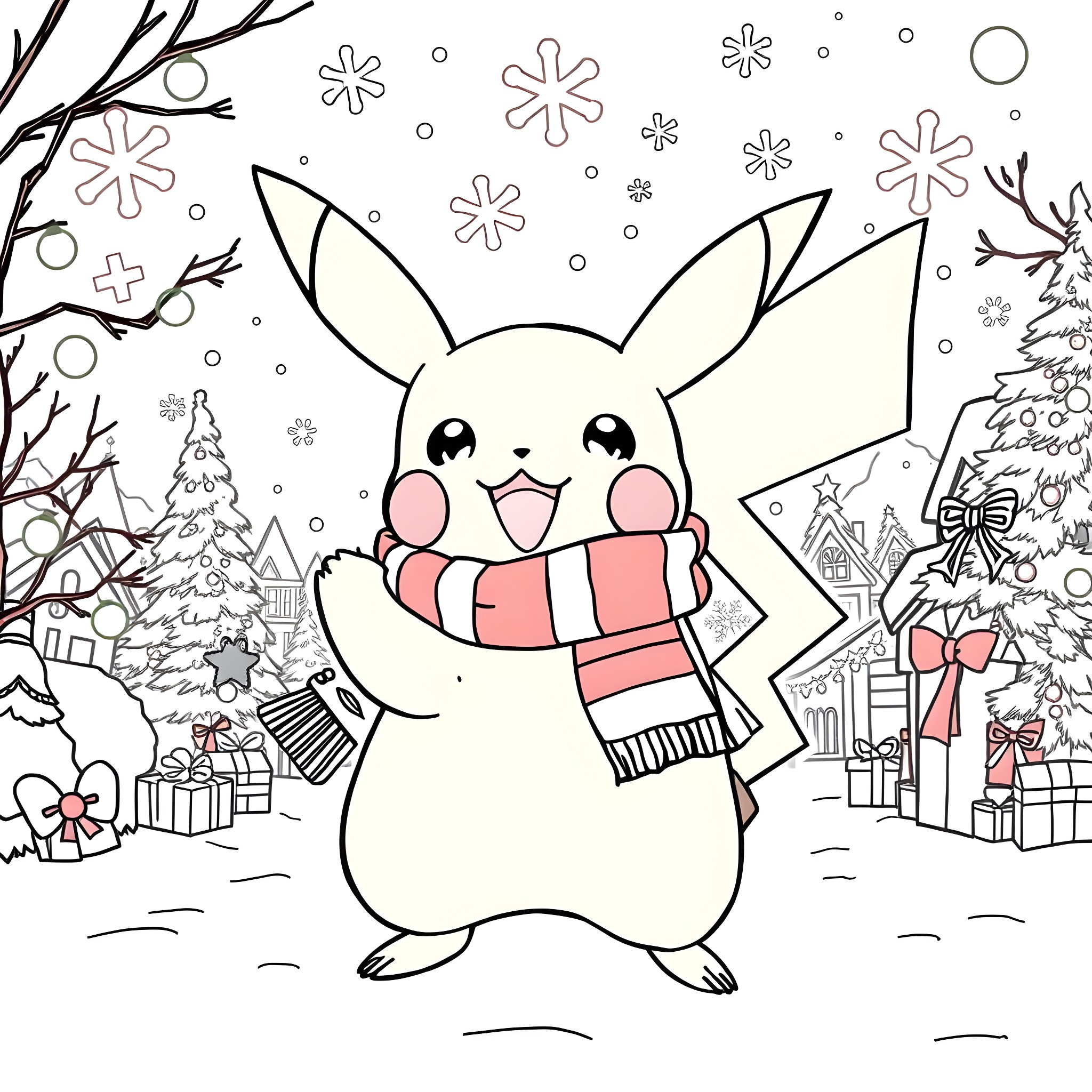 Pikachu enjoying the snowy winter scene Coloring Page (free black-and-white line drawing printable PDF for all, from beginners to advanced learners, including children, teens, adults, and seniors)