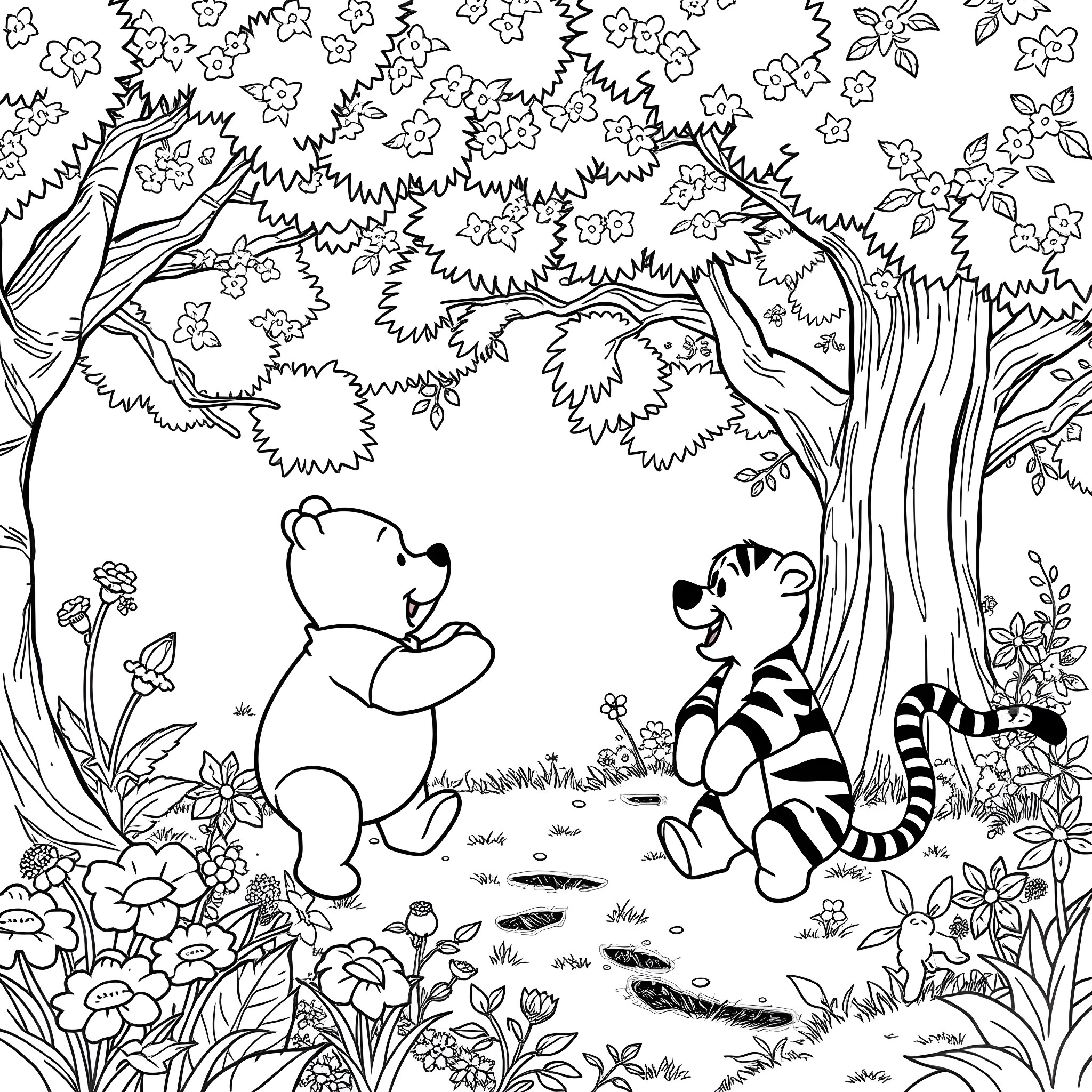 Winnie The Pooh and Tigger enjoying a peaceful day in the forest Coloring Page (free black-and-white line drawing printable PDF for all, from beginners to advanced learners, including children, teens, adults, and seniors)