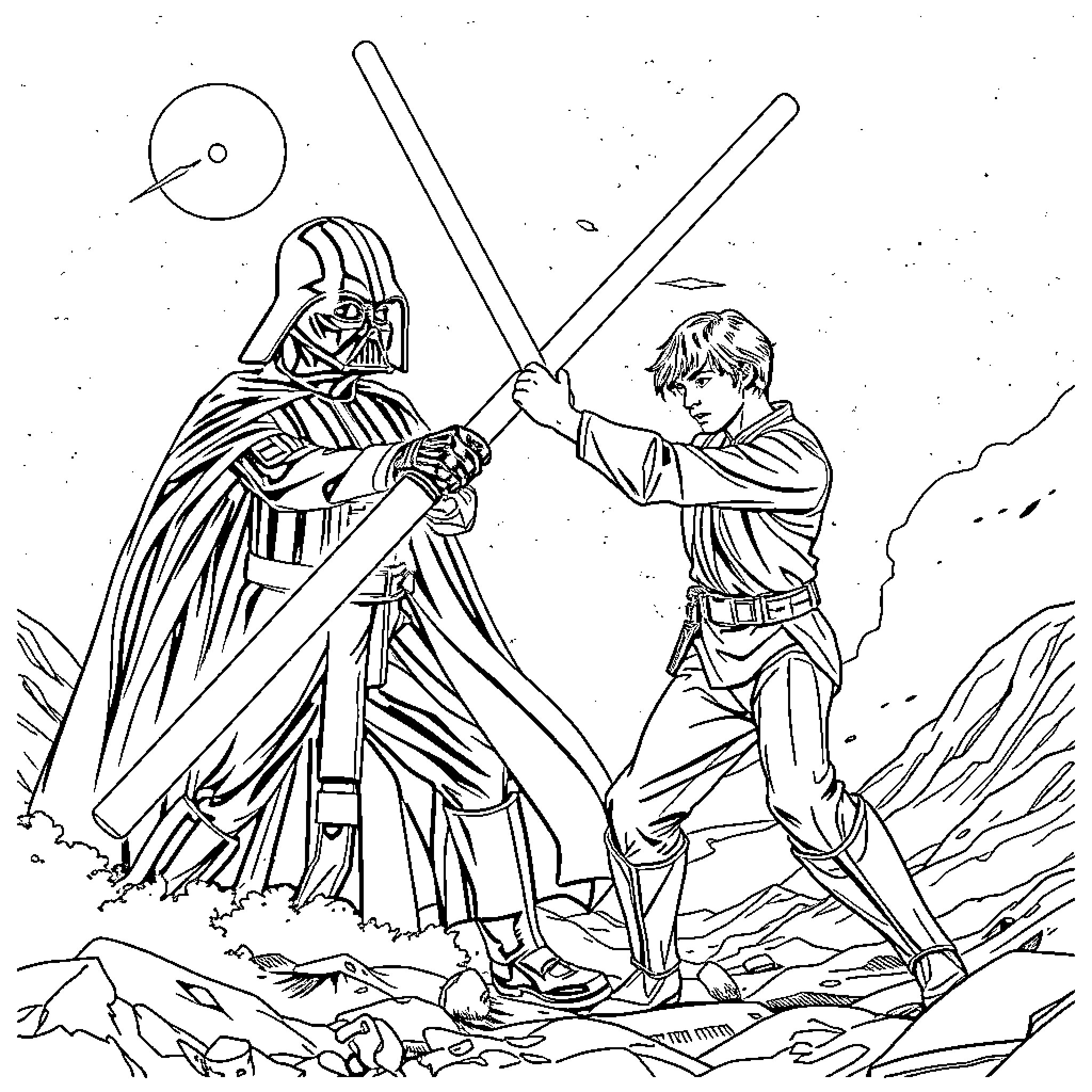 Darth Vader engaging in lightsaber duel with Jedi warrior Coloring Page (free black-and-white line drawing printable PDF for all, from beginners to advanced learners, including children, teens, adults, and seniors)