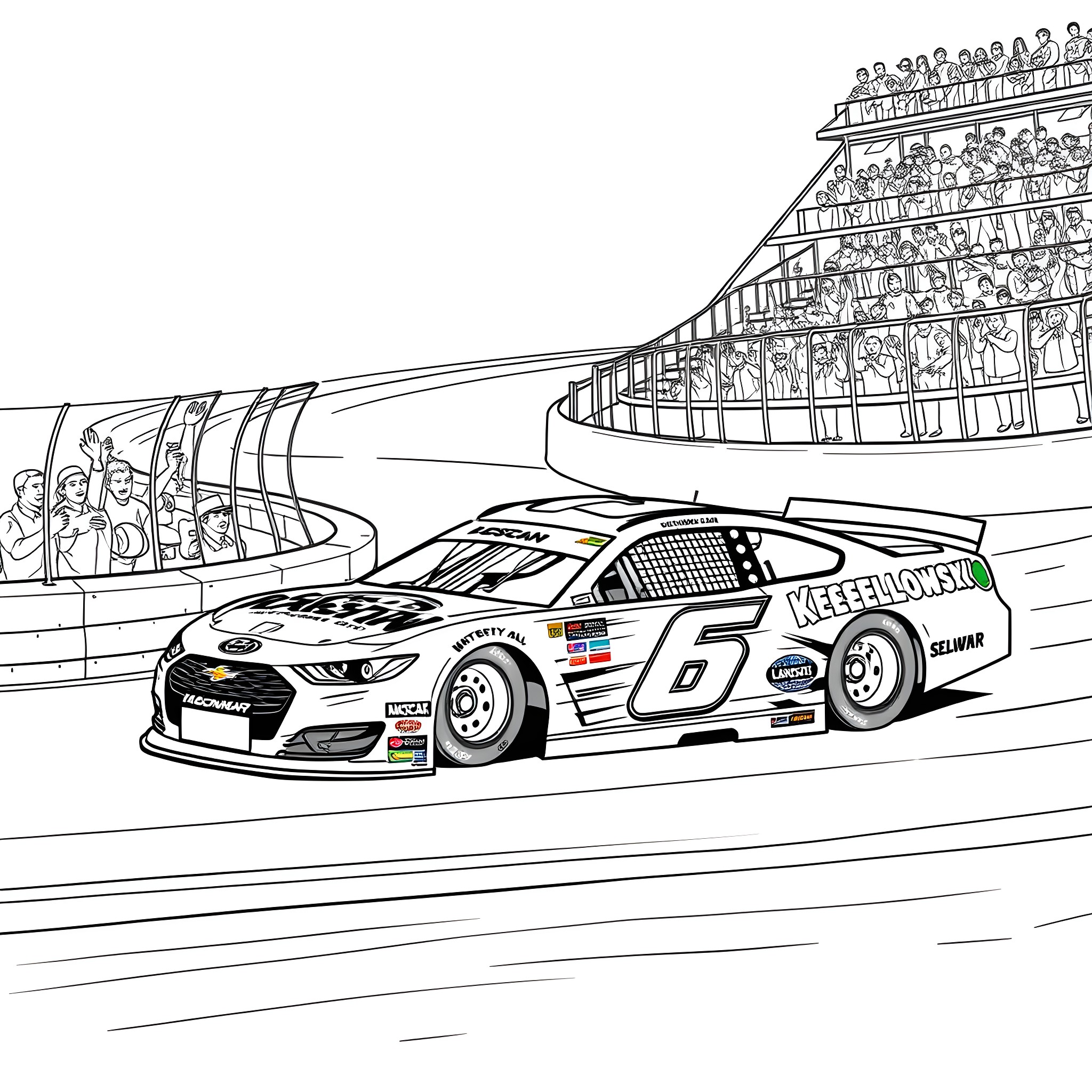 Car racing on track with spectators in stands Coloring Page (free black-and-white line drawing printable PDF for all, from beginners to advanced learners, including children, teens, adults, and seniors)