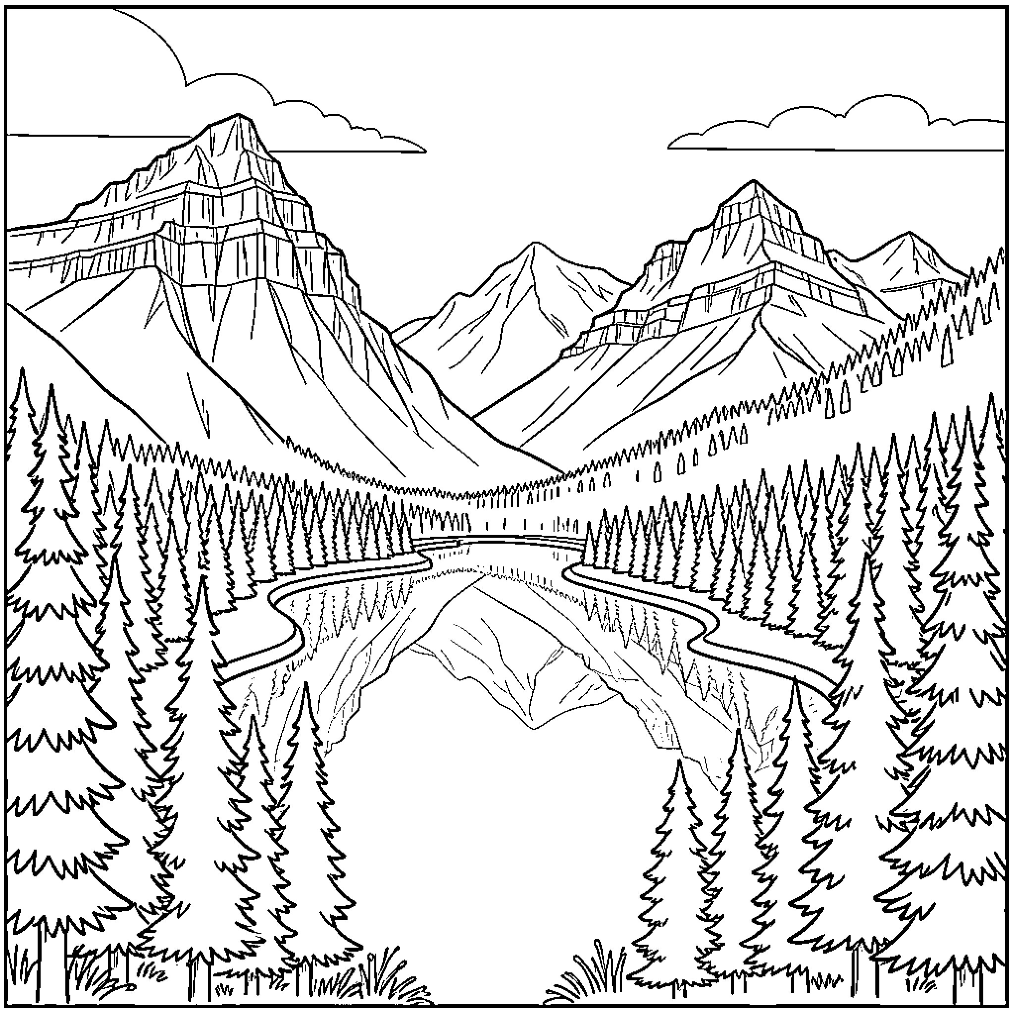 Banff mountain landscape with a calm lake and forest Coloring Page (free black-and-white line drawing printable PDF for all, from beginners to advanced learners, including children, teens, adults, and seniors)