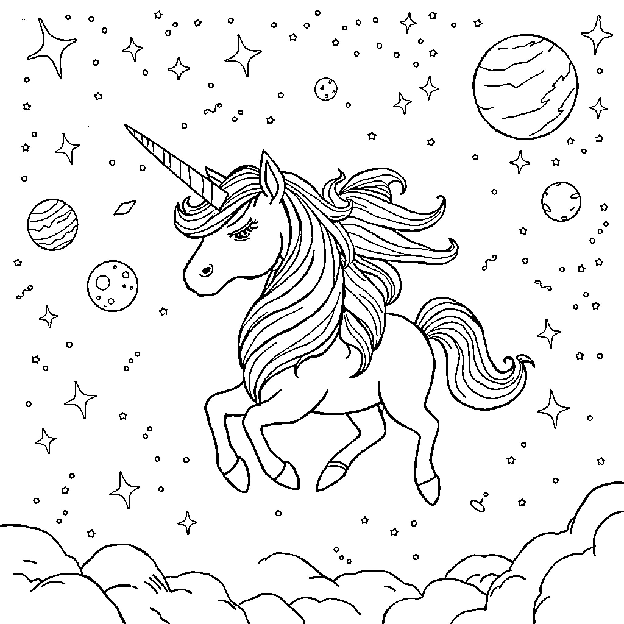 Unicorn frolicking among the stars Coloring Page (free black-and-white line drawing printable PDF for all, from beginners to advanced learners, including children, teens, adults, and seniors)