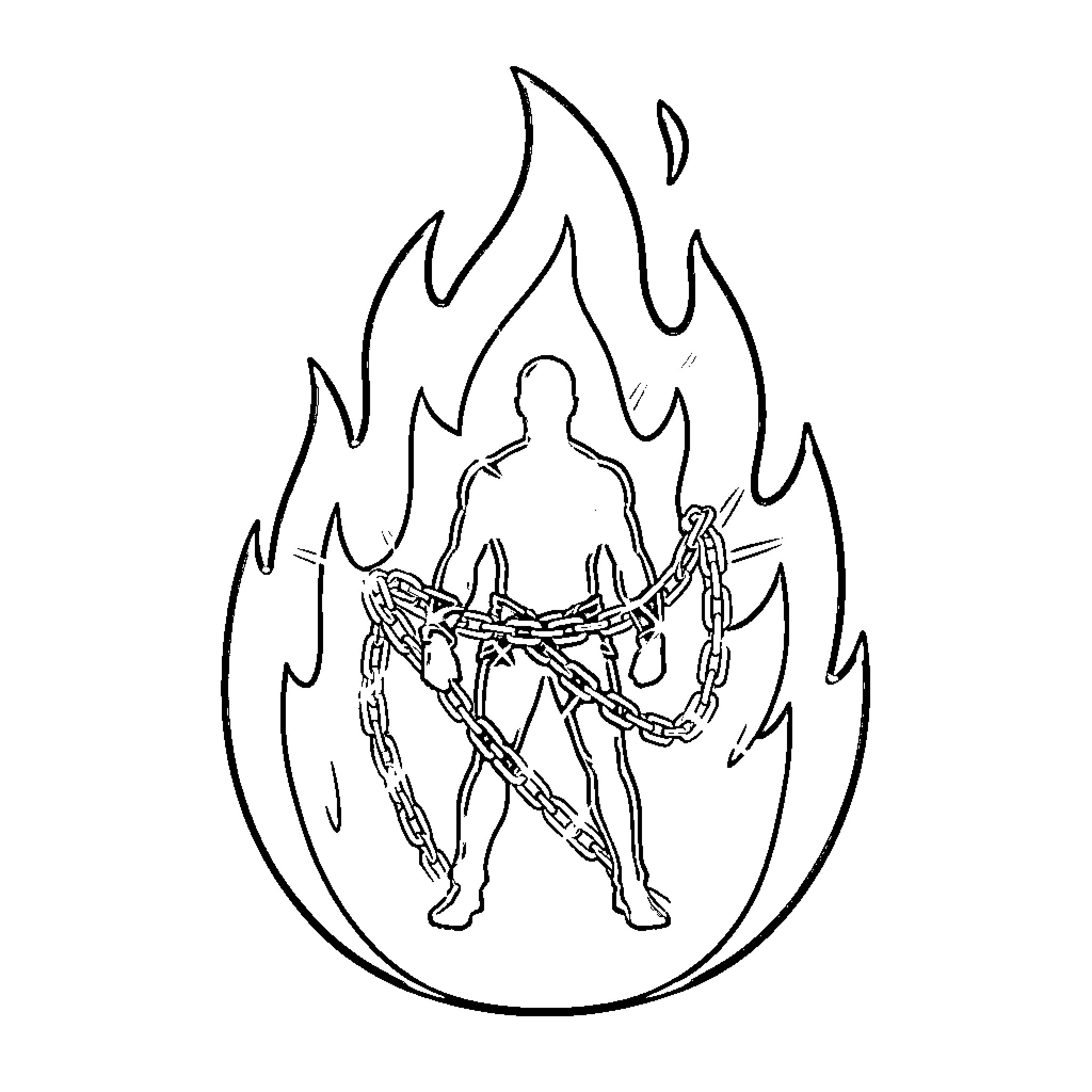 Llama standing amidst fiery flames Coloring Page (free black-and-white line drawing printable PDF for all, from beginners to advanced learners, including children, teens, adults, and seniors)