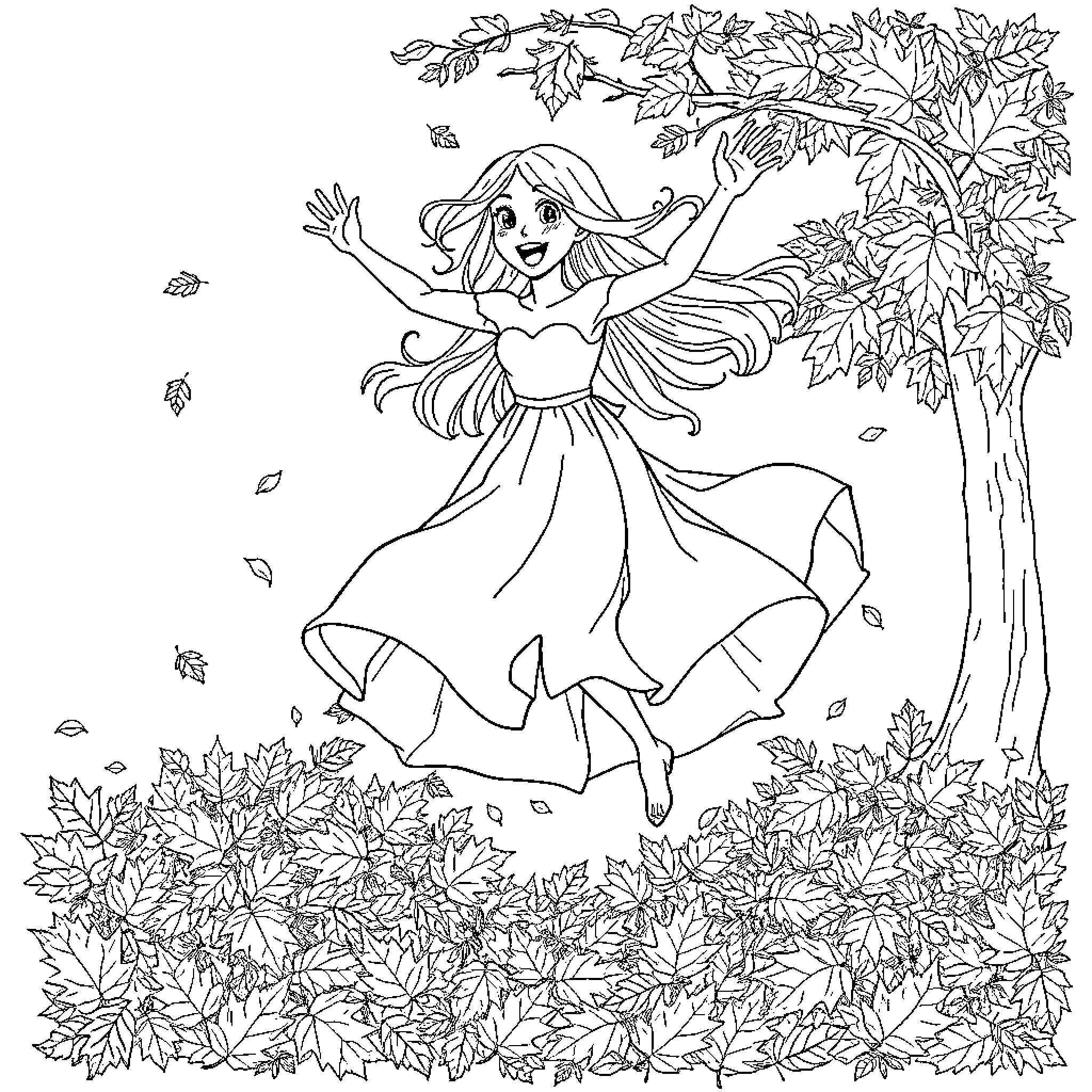 Ghost of autumn leaves dancing in the wind Coloring Page (free black-and-white line drawing printable PDF for all, from beginners to advanced learners, including children, teens, adults, and seniors)