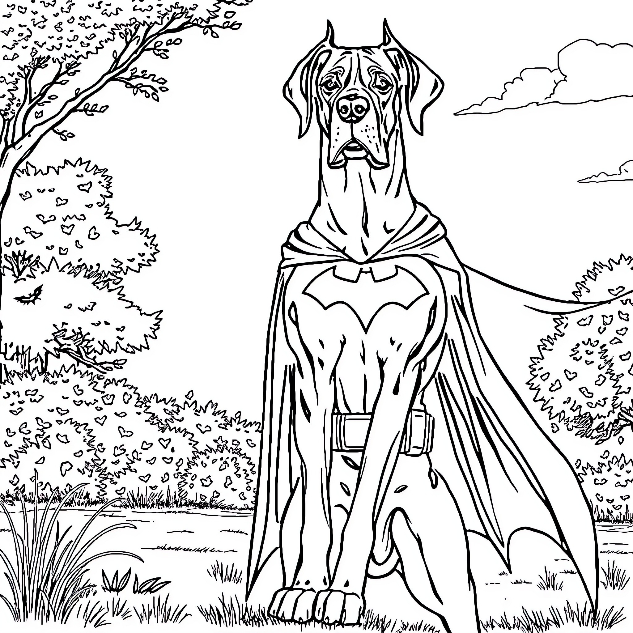 Great Dane dressed as a superhero in the park Coloring Page (free black-and-white line drawing printable PDF for all, from beginners to advanced learners, including children, teens, adults, and seniors)
