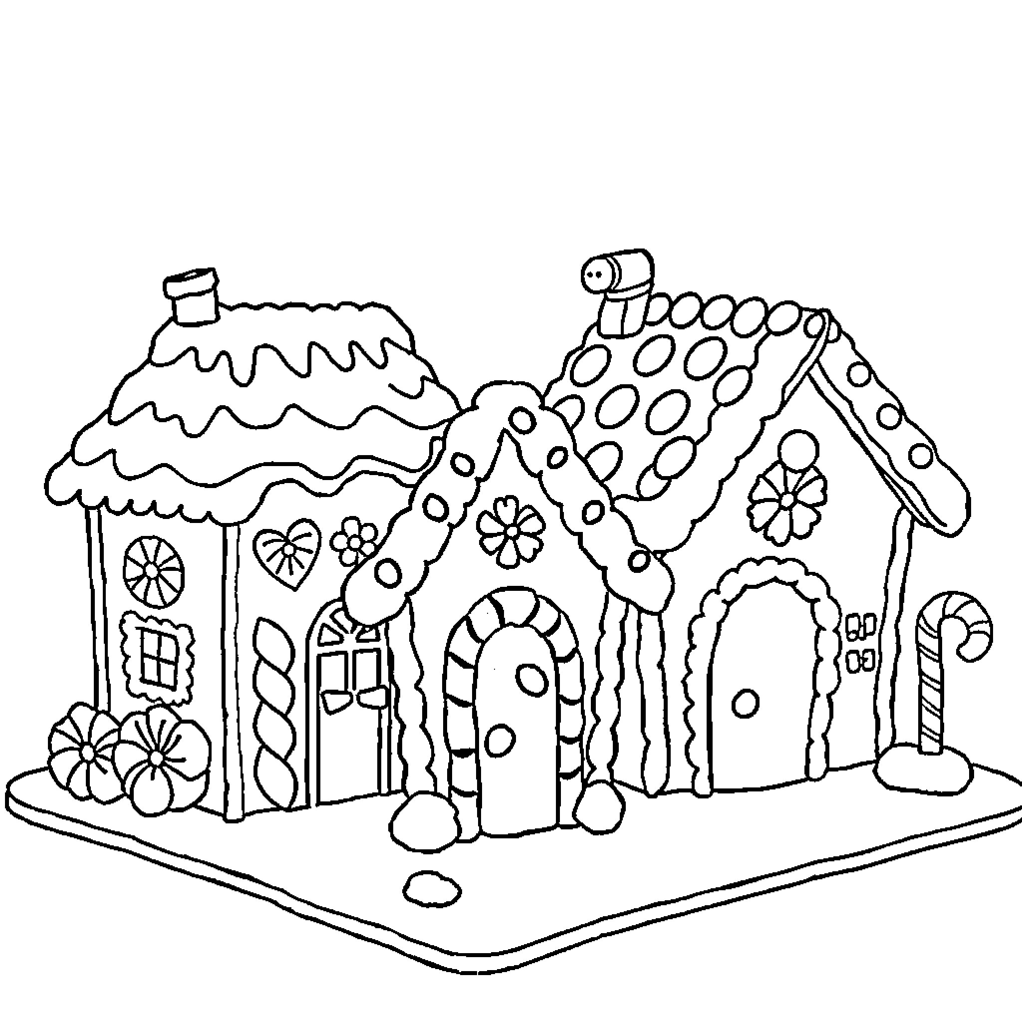 Gingerbread House with Whimsical Designs Coloring Page (free black-and-white line drawing printable PDF for all, from beginners to advanced learners, including children, teens, adults, and seniors)
