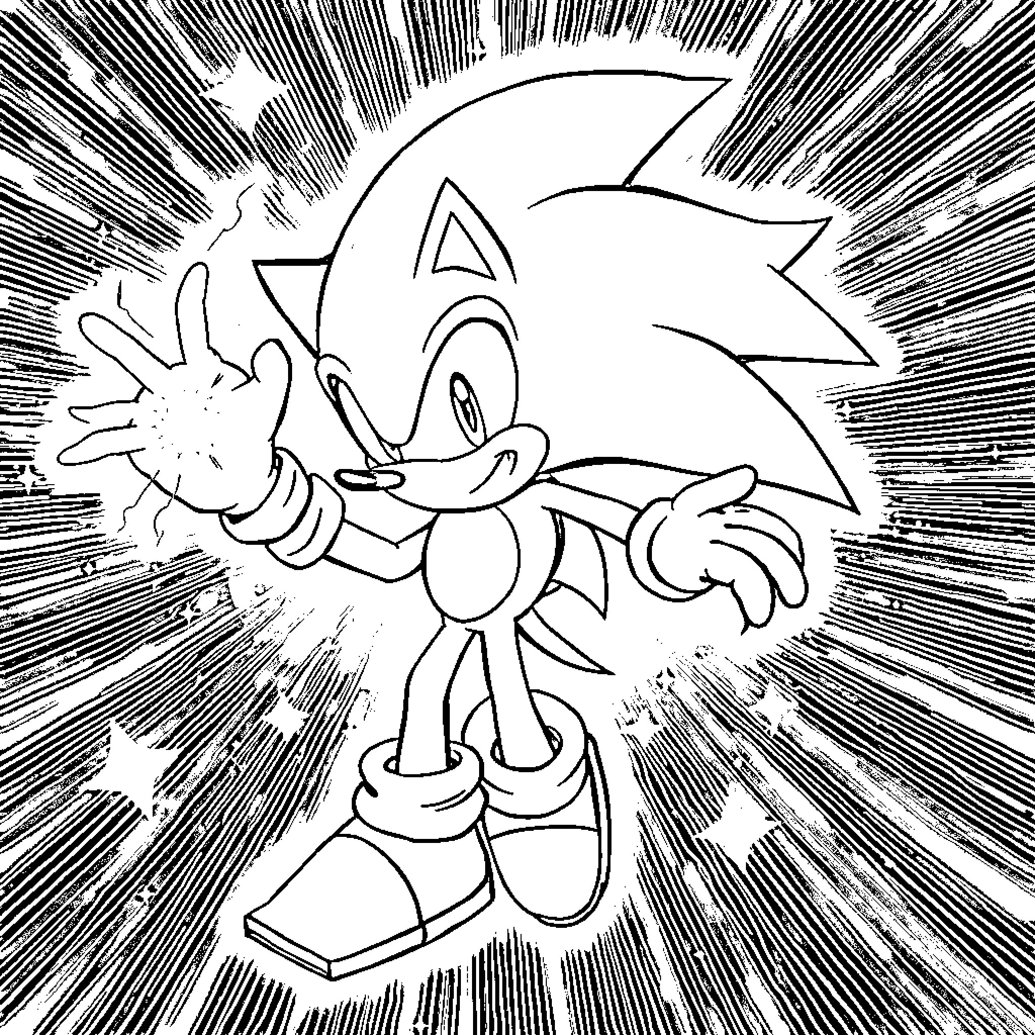 Sonic the Hedgehog in an action-packed pose Coloring Page (free black-and-white line drawing printable PDF for all, from beginners to advanced learners, including children, teens, adults, and seniors)