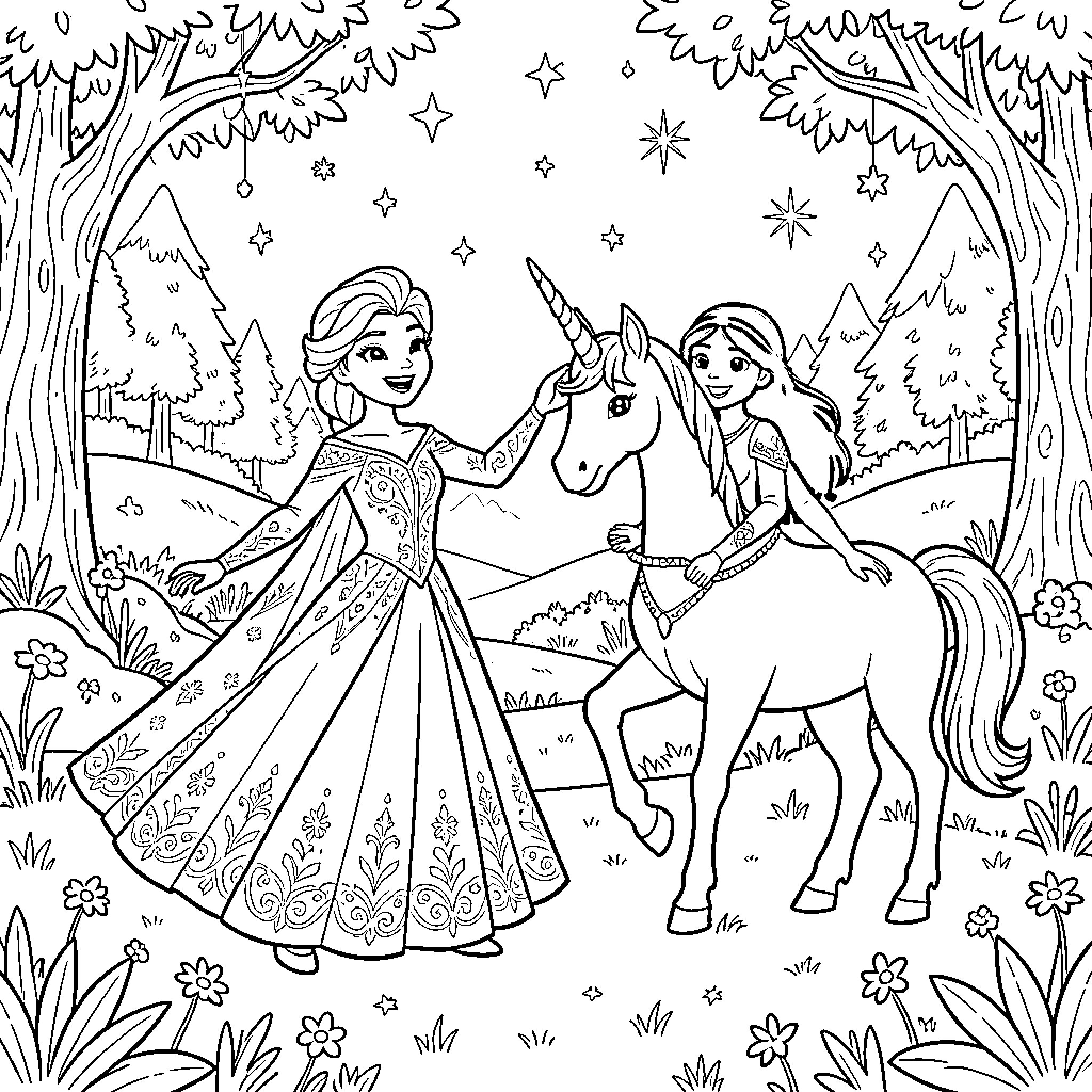 Elsa's Enchanted Unicorn Adventure Coloring Page (free black-and-white line drawing printable PDF for all, from beginners to advanced learners, including children, teens, adults, and seniors)